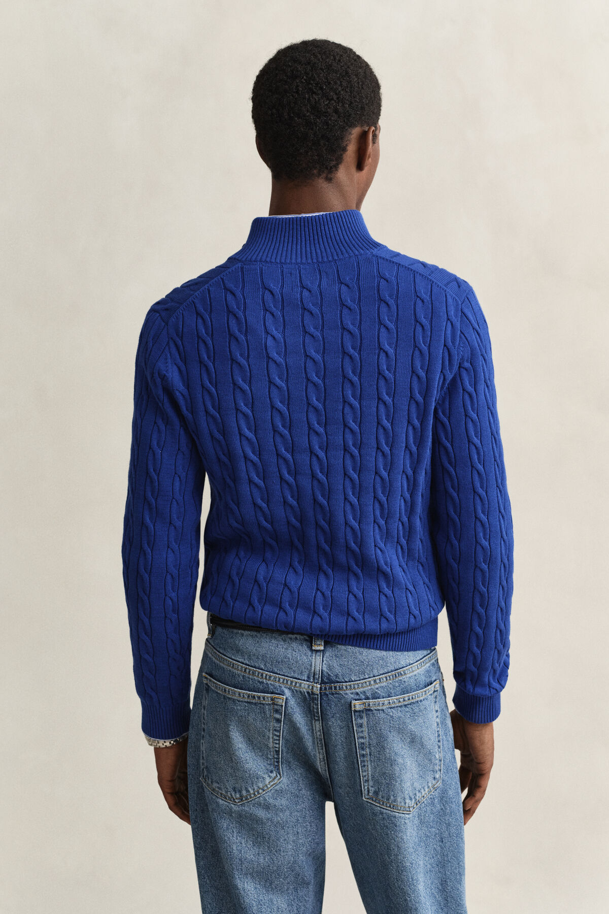 Cotton Cable Knit Half-Zip Sweater — CRISP BLUE