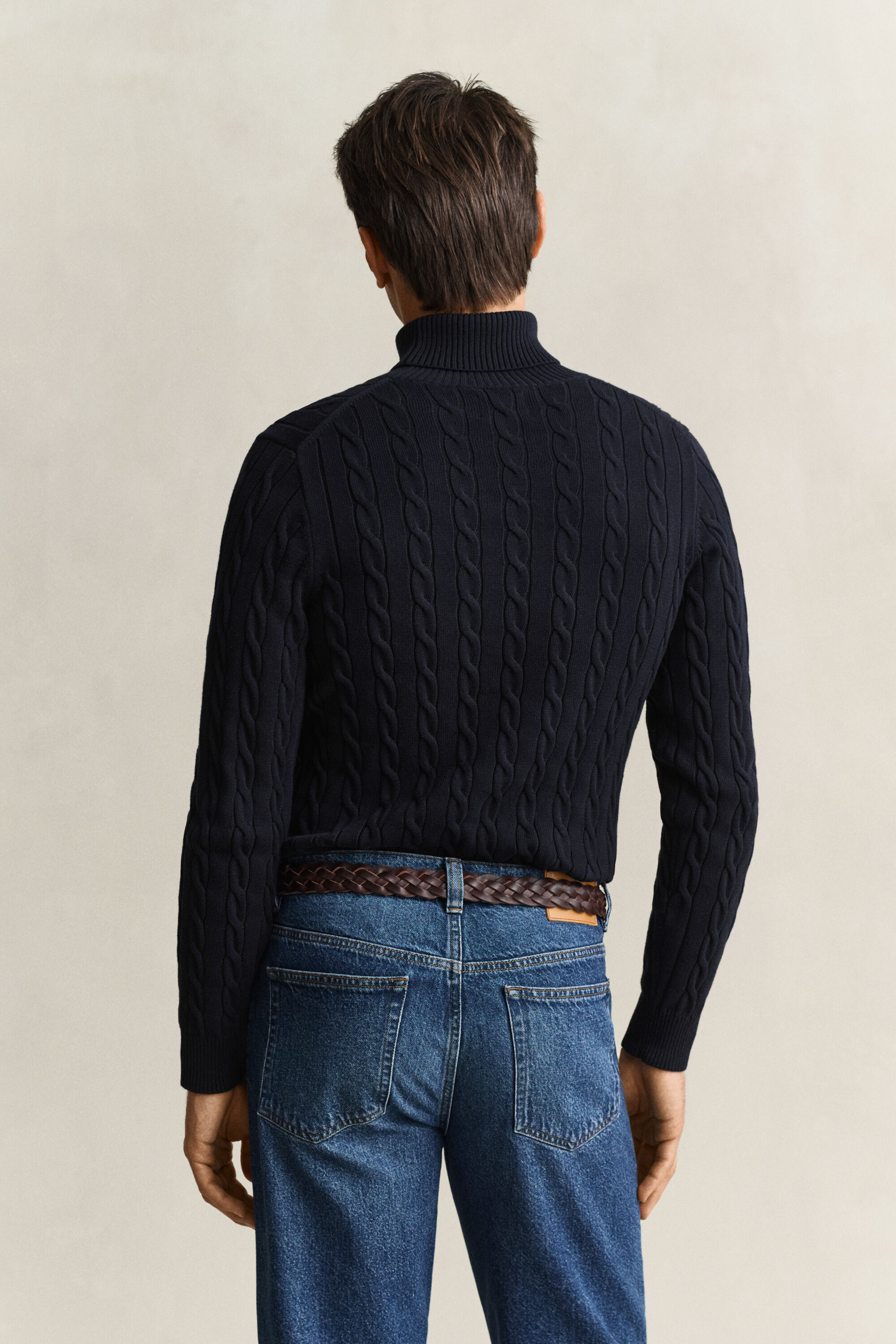 Cotton Cable Knit Turtleneck Sweater — EVENING BLUE