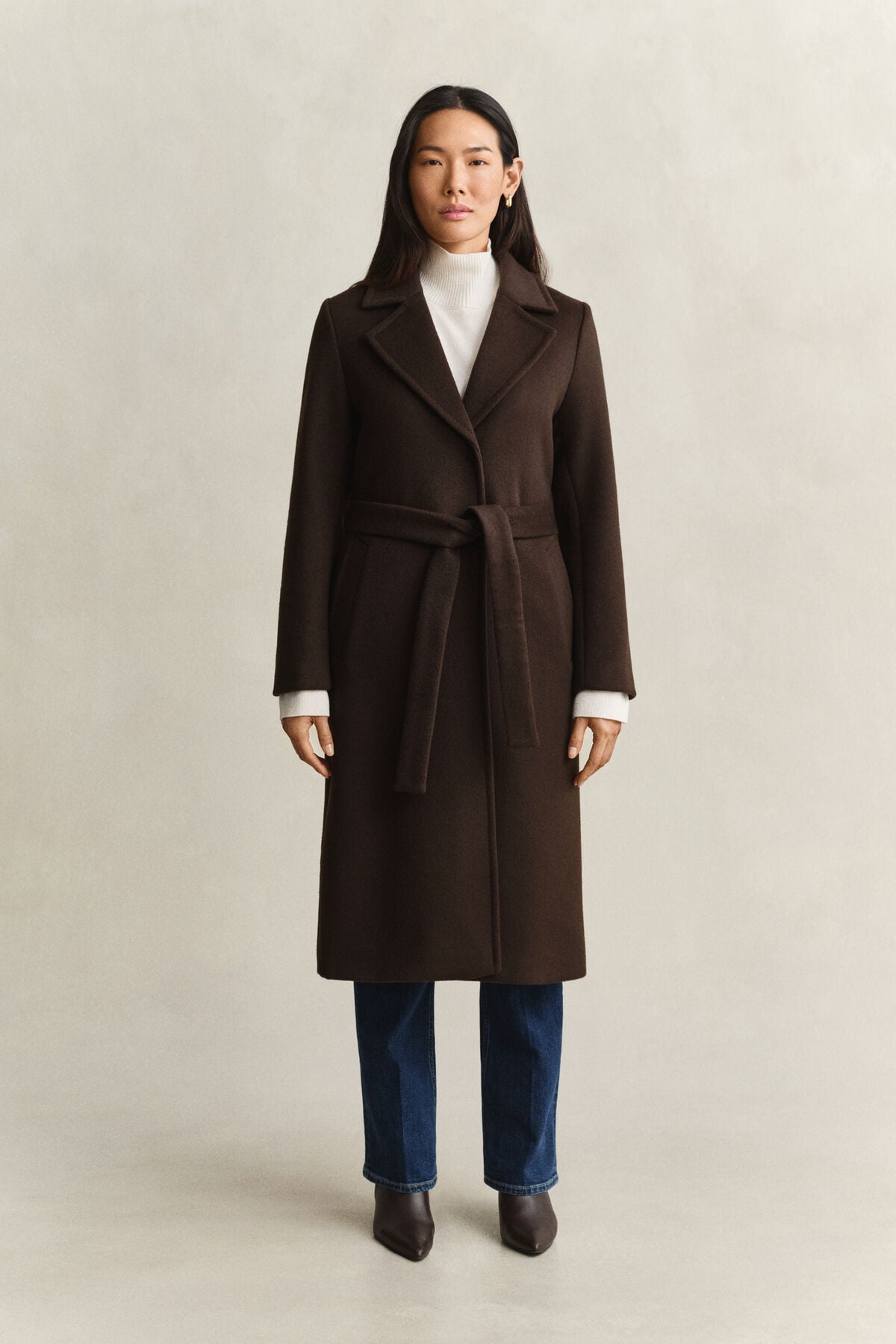 Belted Wool Blend Coat — DEEP BROWN