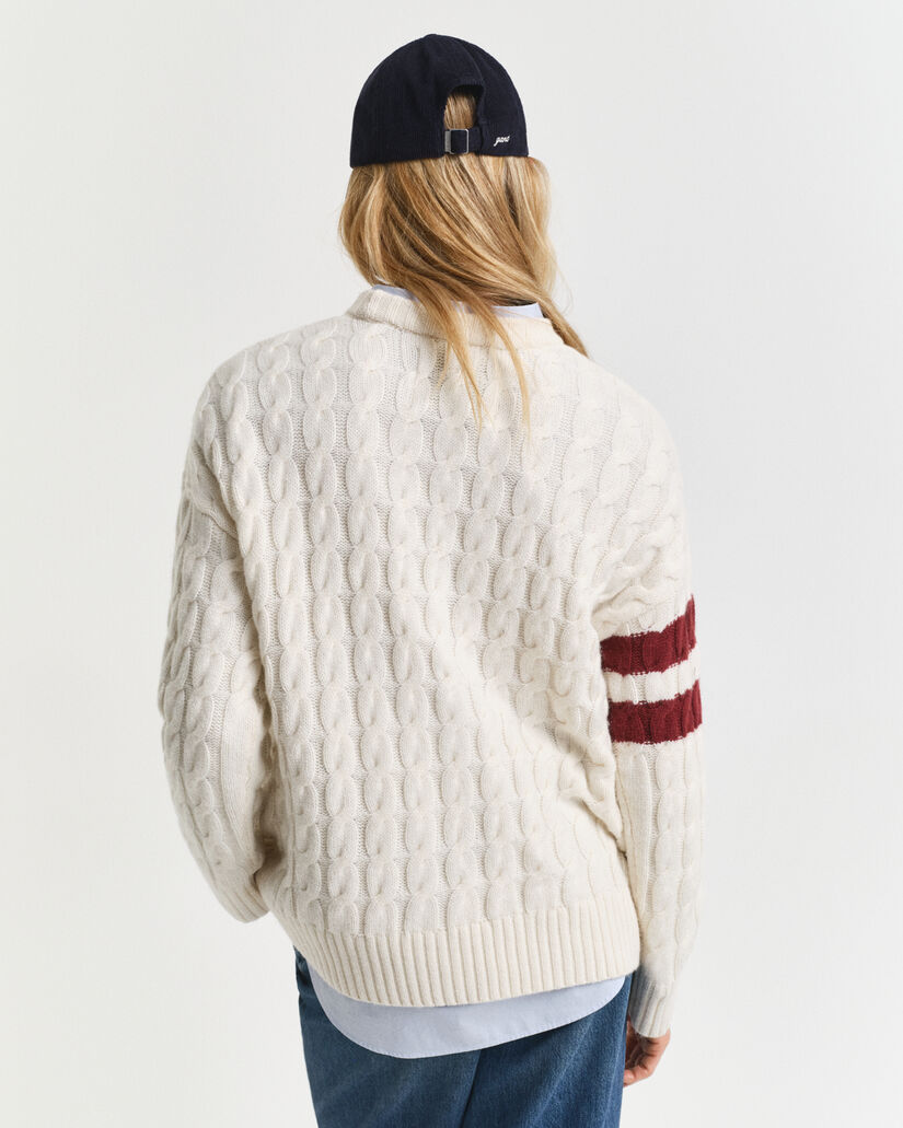 Contrast Striped Cable Knit Crew Neck Sweater