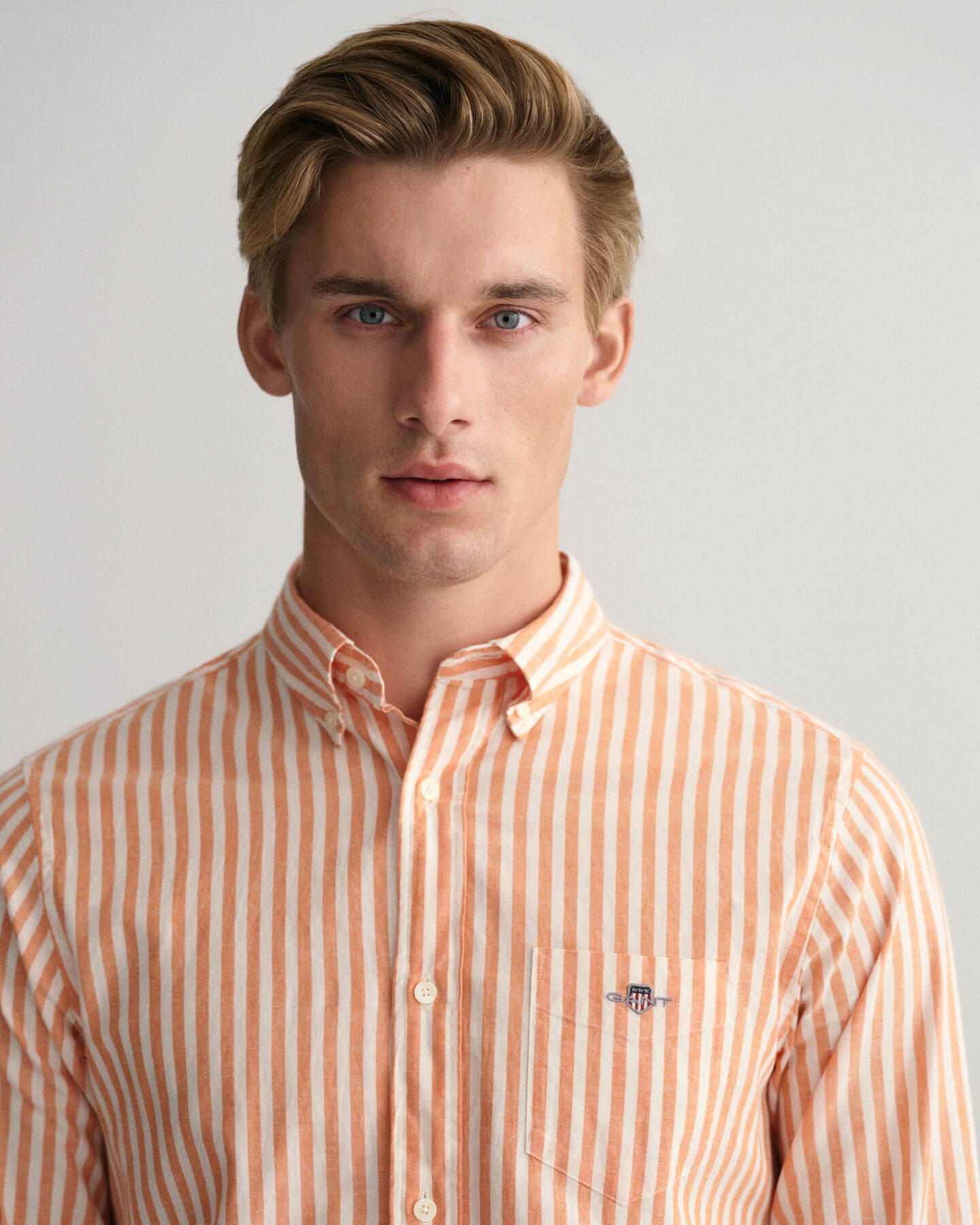 Regular Fit Striped Cotton Linen Shirt - apricot orange