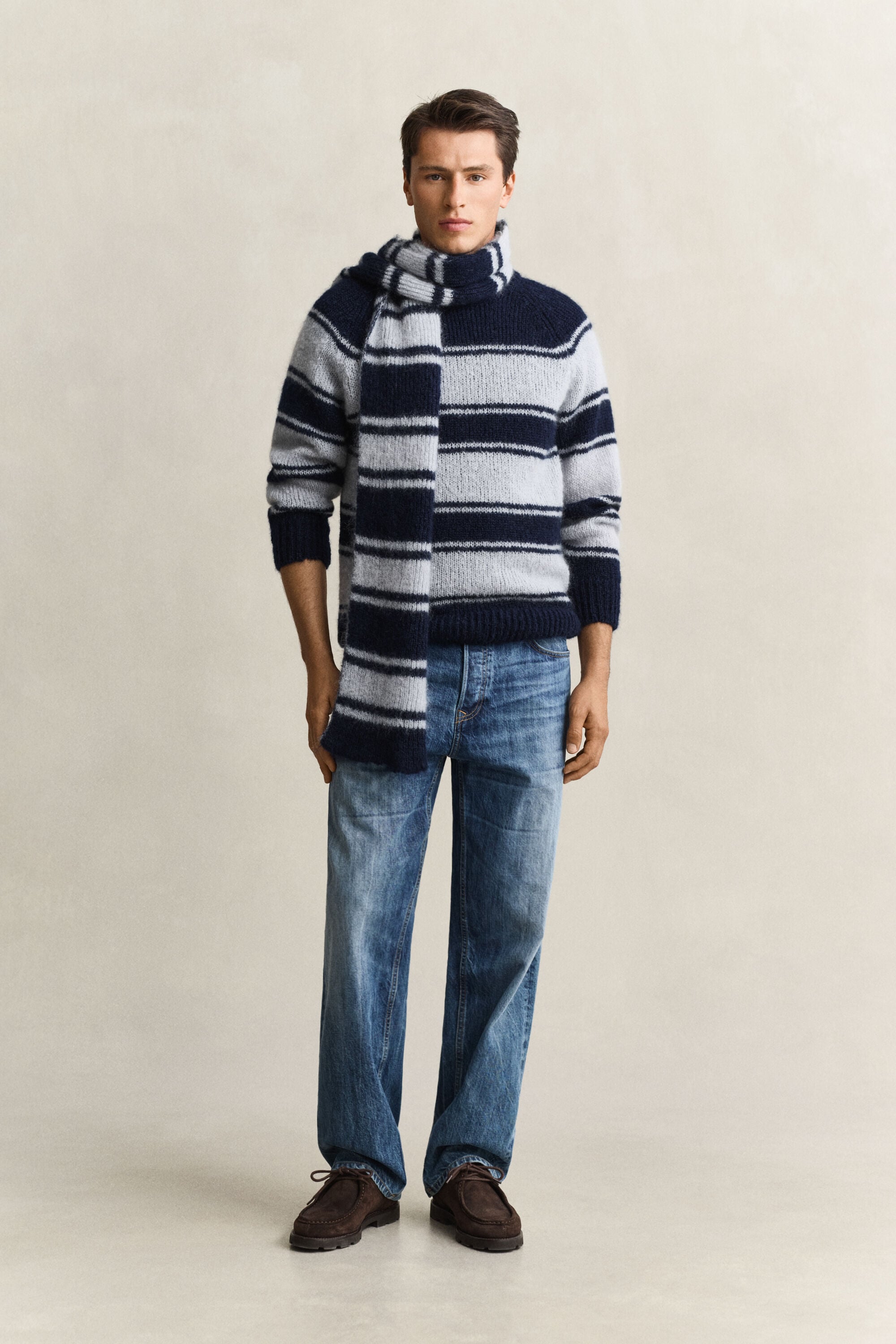 Striped Mohair Blend Crew Neck Sweater — EVENING BLUE