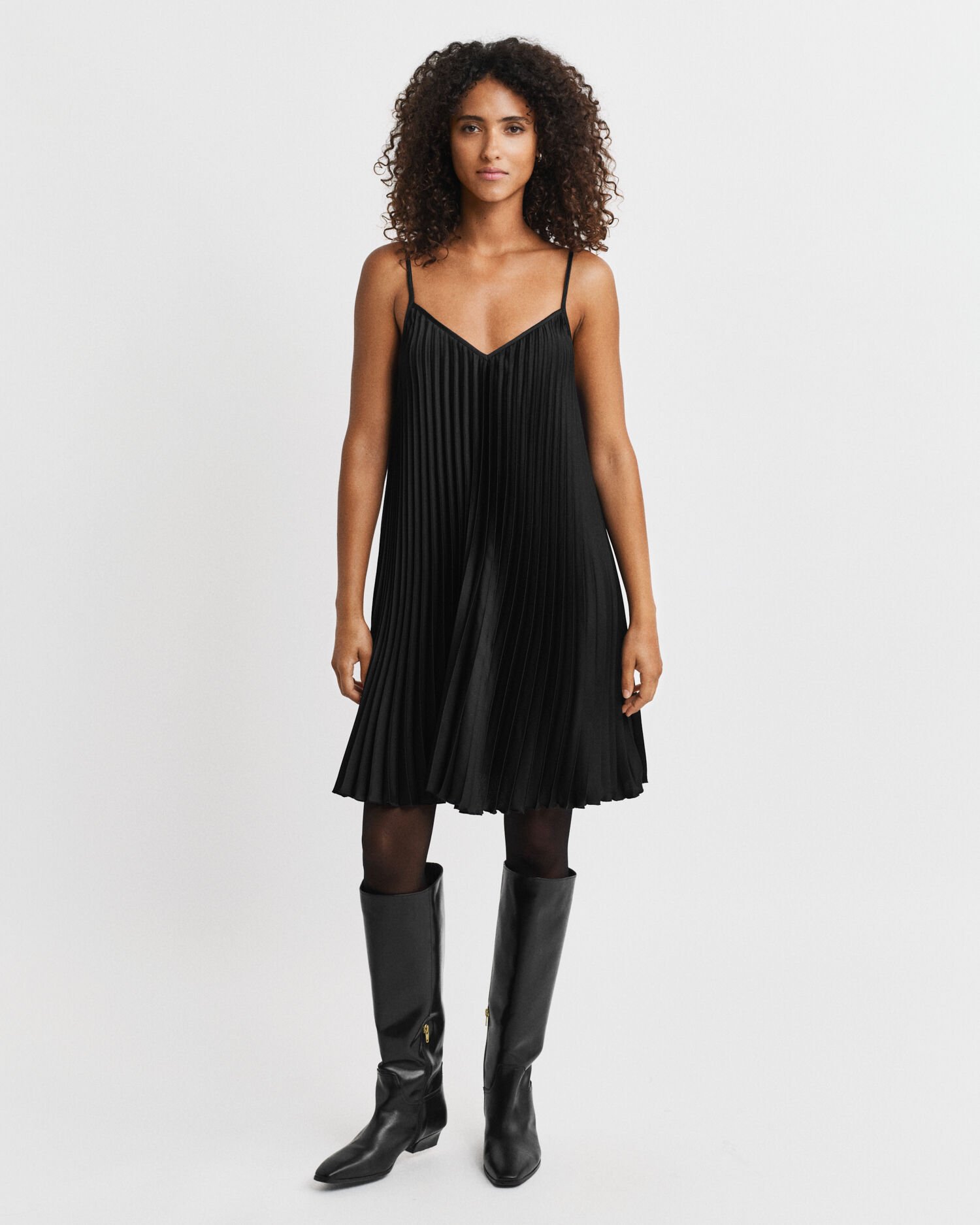 Pleated Sateen Mini Strap Dress