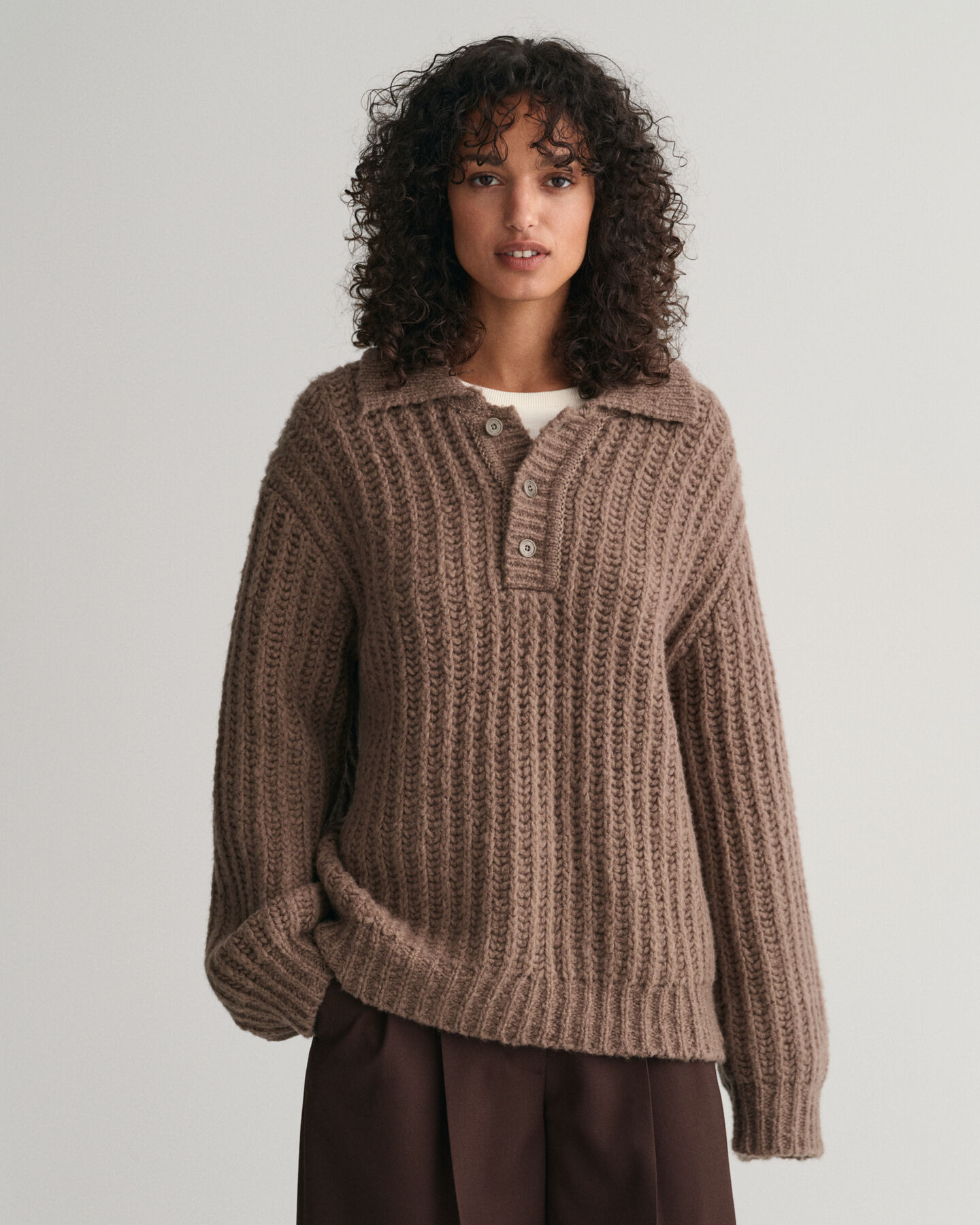 Curly Wool Ribbed Polo Sweater