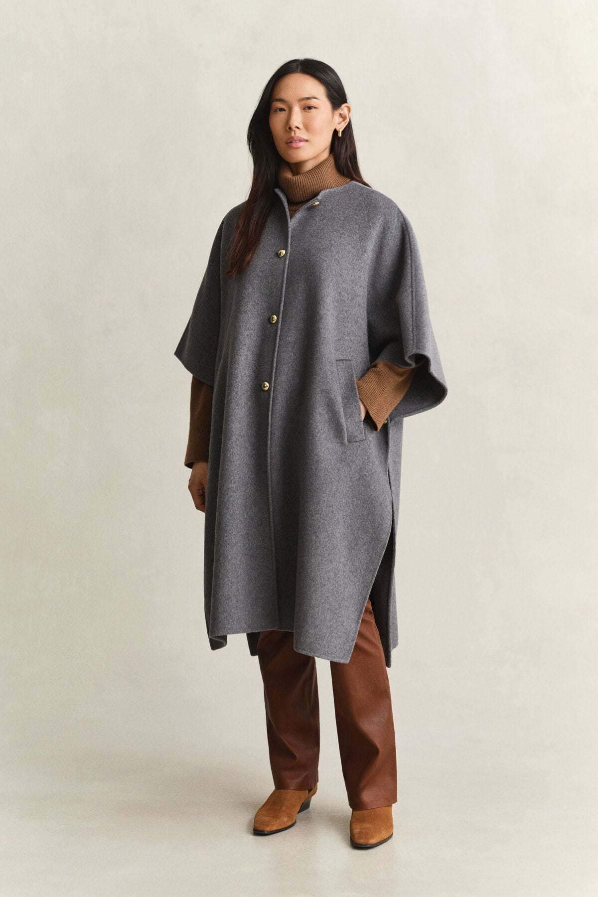 Handstitched Cape Coat — CHARCOAL MELANGE