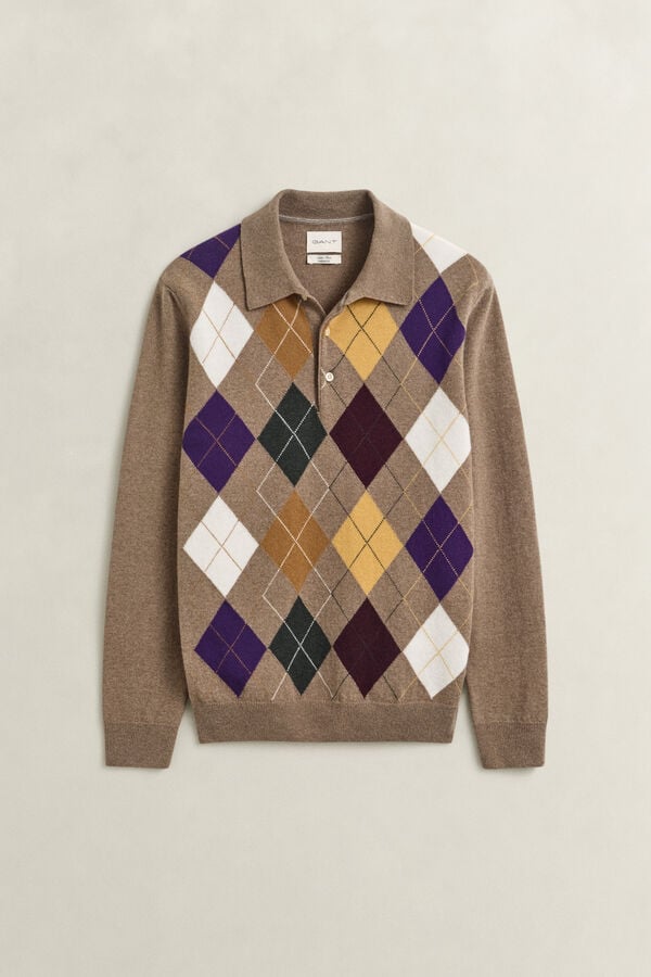 Superfine Lambswool Argyle Polo Sweater — LIGHT BROWN MELANGE