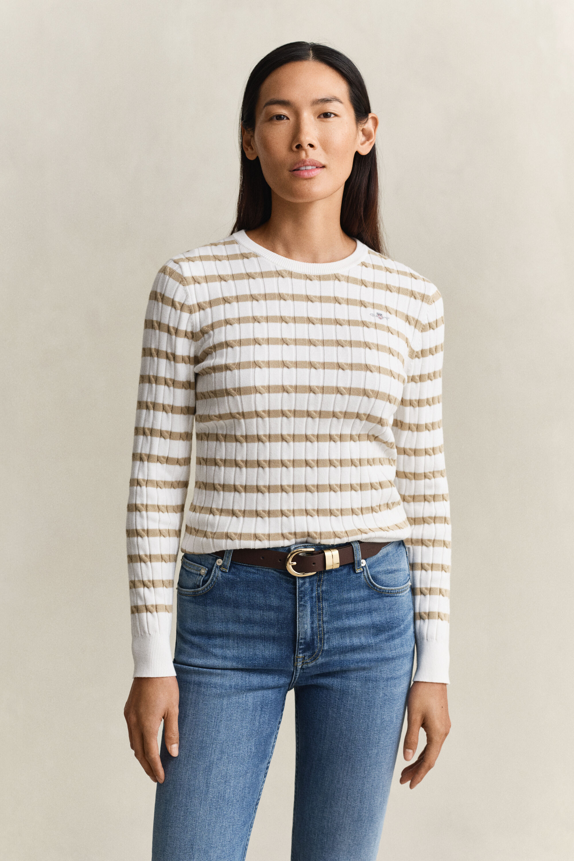 Striped Cable Knit Crew Neck Sweater