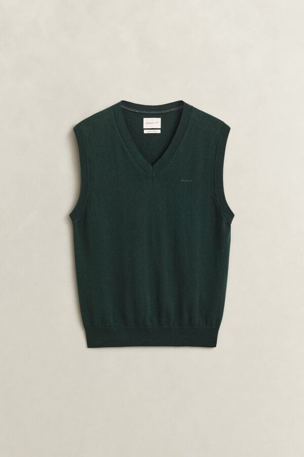 Cotton Wool V-Neck Vest — TARTAN GREEN