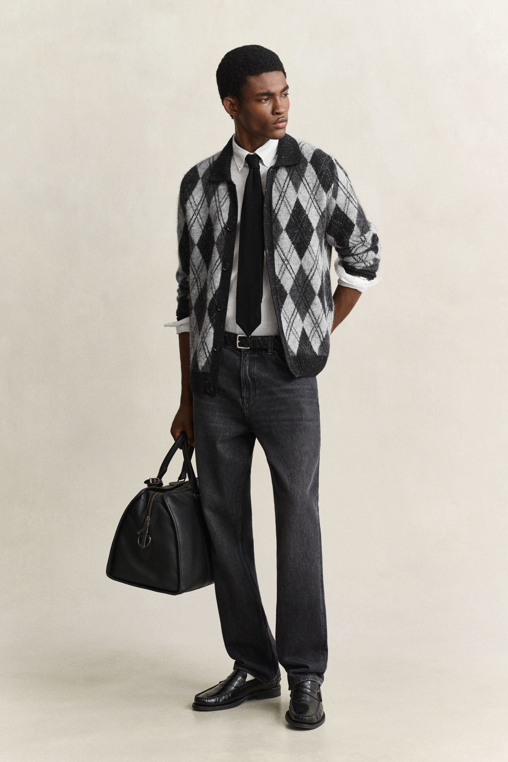 Alpaca Wool Blend Argyle Polo Cardigan