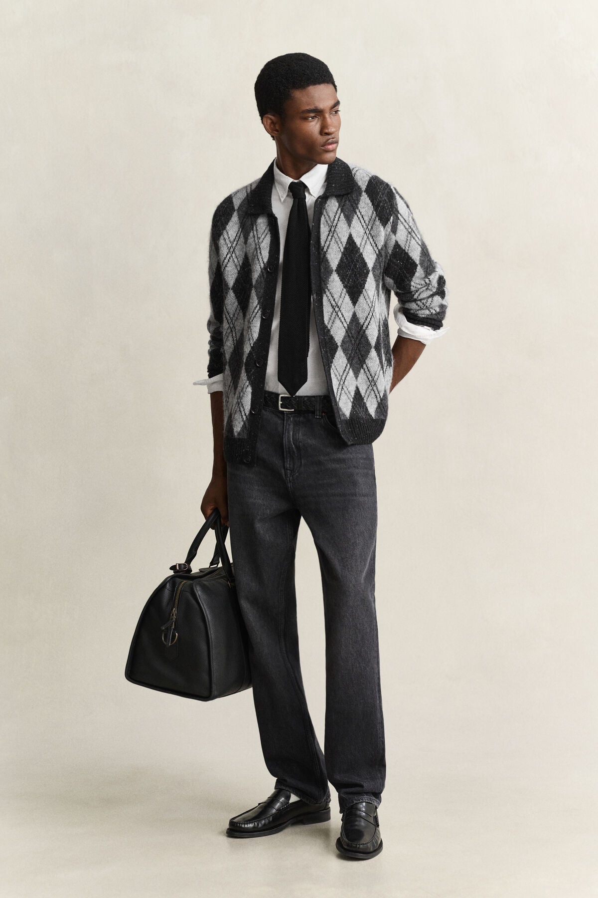 Alpaca Wool Blend Argyle Polo Cardigan — BLACK
