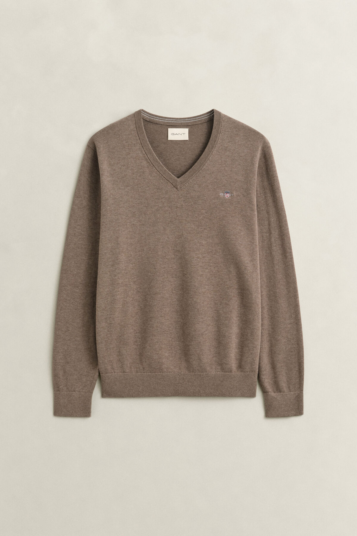 Cotton V-Neck Sweater — DK HAZELNUT MELANGE