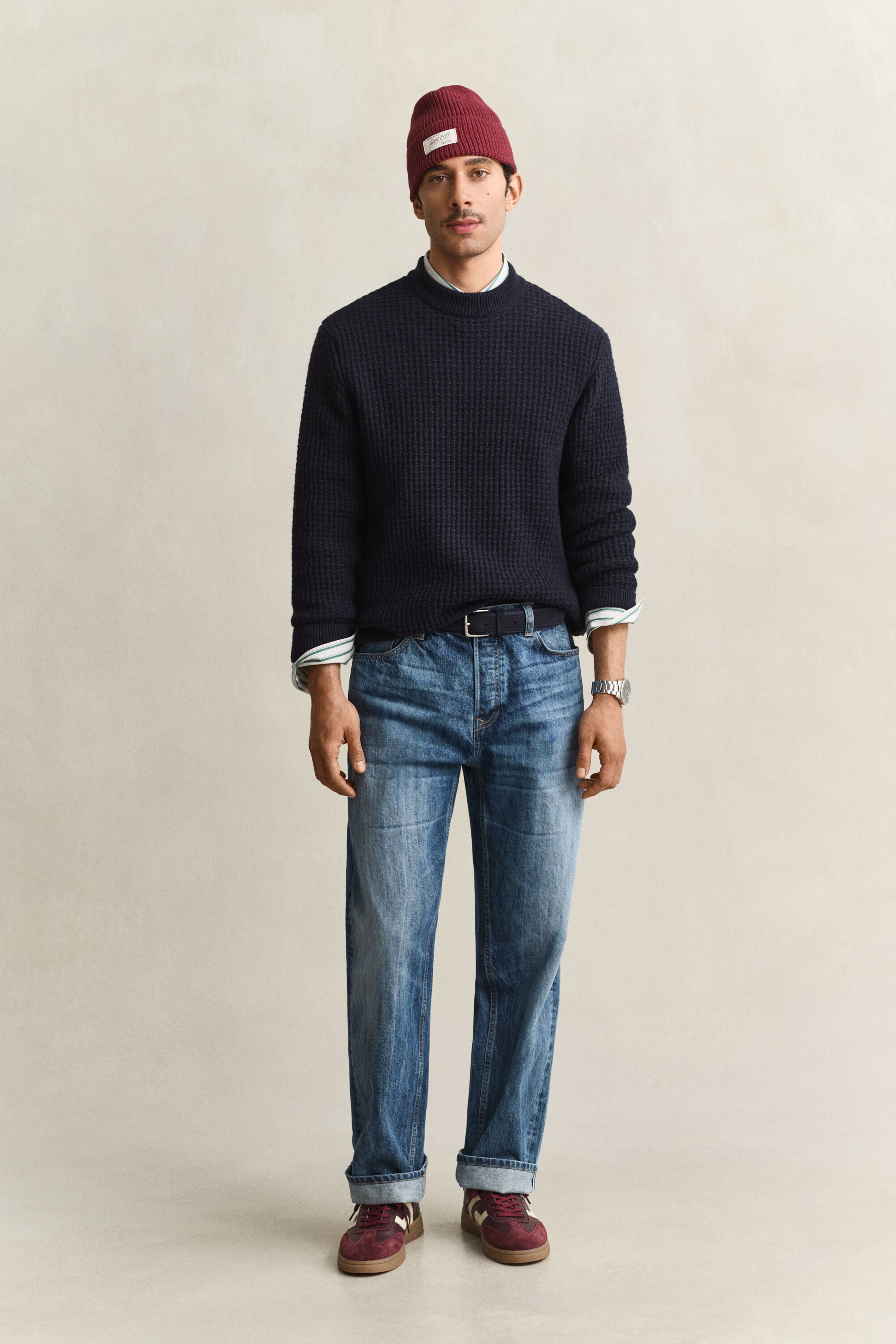 Textured Cotton Wool Mock Neck Sweater