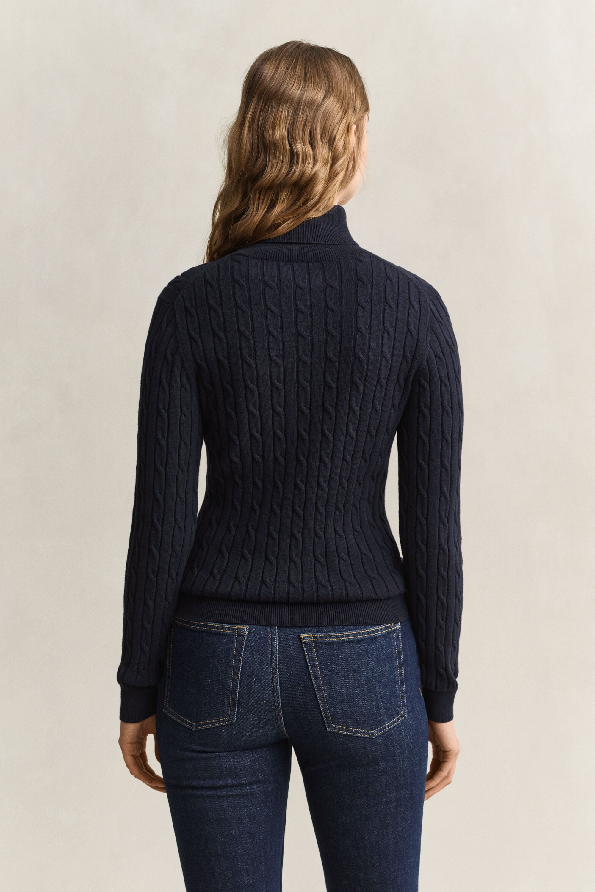 Stretch Cotton Cable Knit Turtleneck Sweater