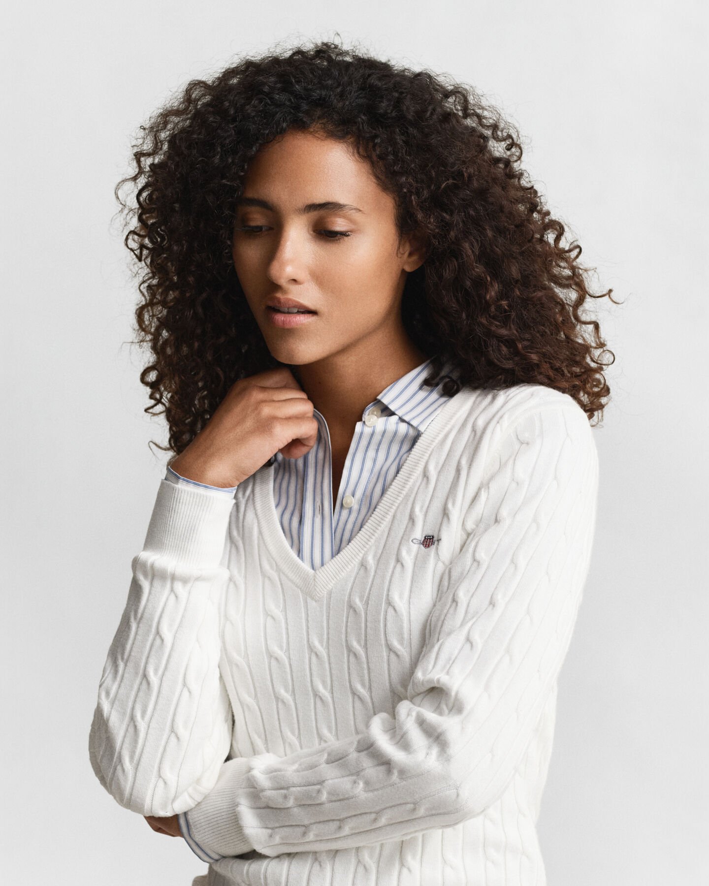 Stretch Cotton Cable Knit V-Neck Sweater