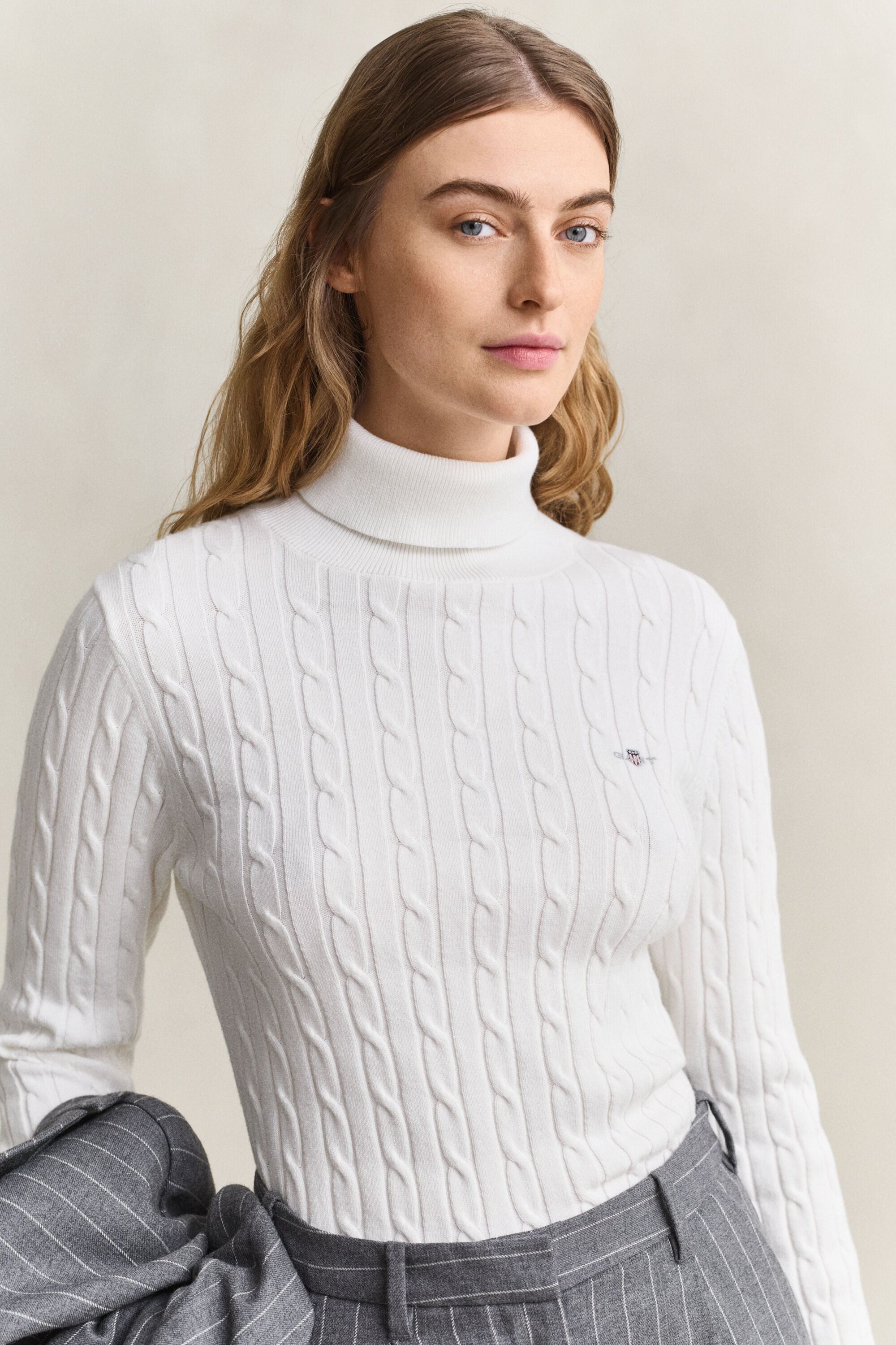 Stretch Cotton Cable Knit Turtleneck Sweater