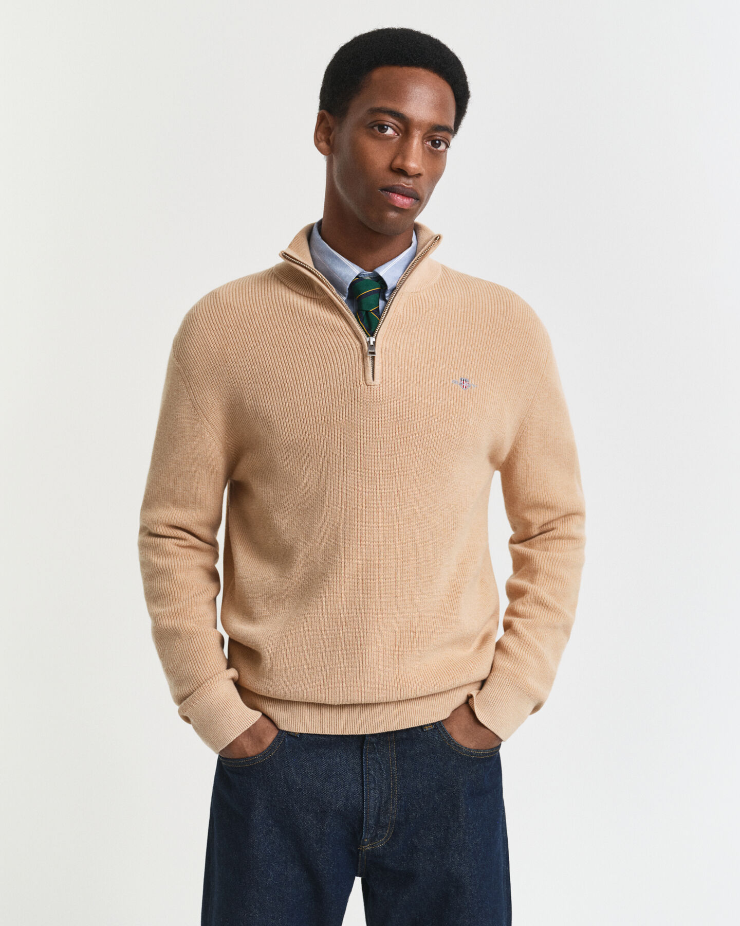 Ribbed Cotton Merino Wool Half-Zip Sweater