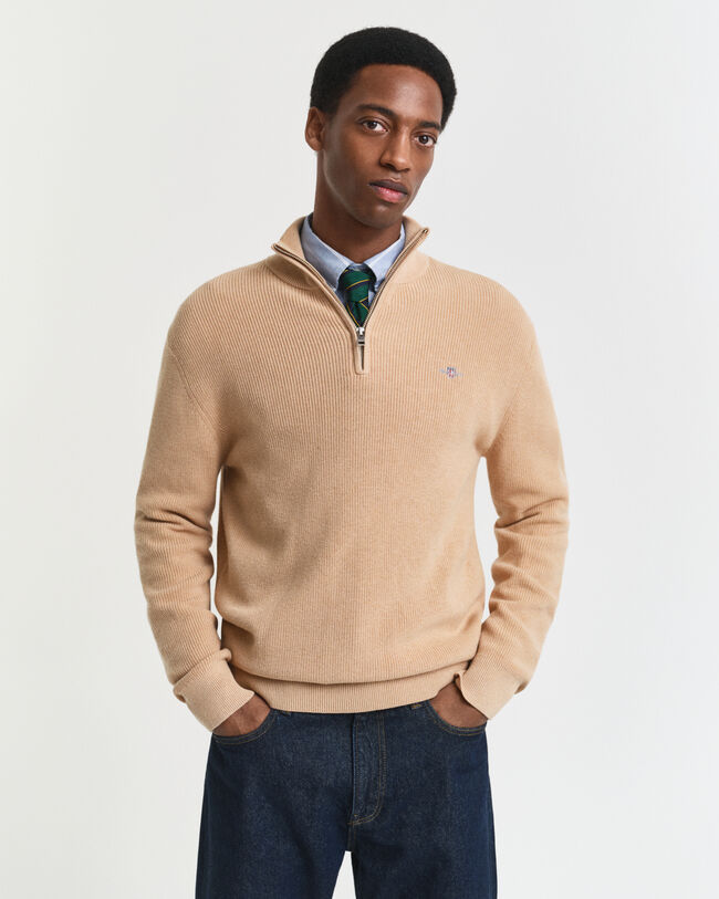 Ribbed Cotton Merino Wool Half-Zip Sweater