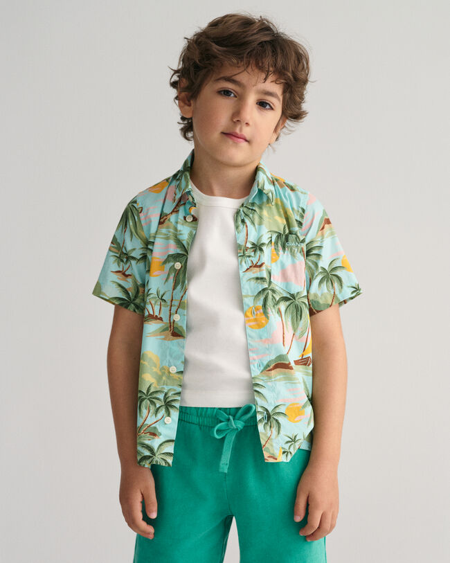 Kids Palm Print Cotton Short Sleeve Shirt