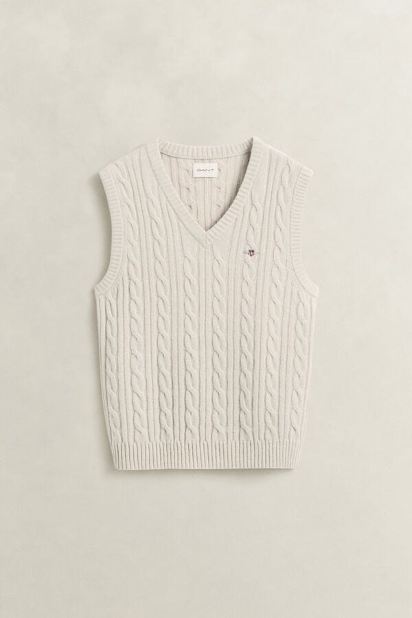 Lambswool Cable Knit Vest — CLAY BEIGE