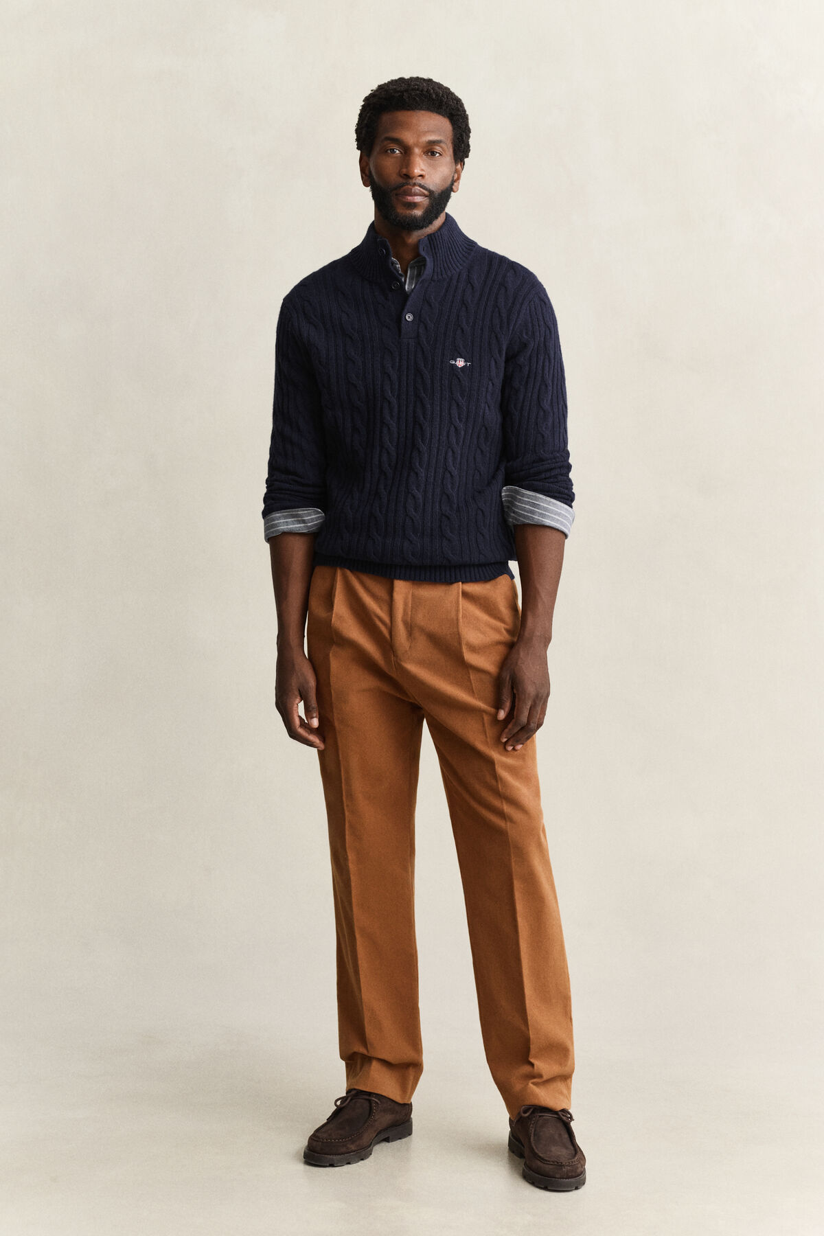 Lambswool Cable Knit Half-Buttoned Sweater — EVENING BLUE