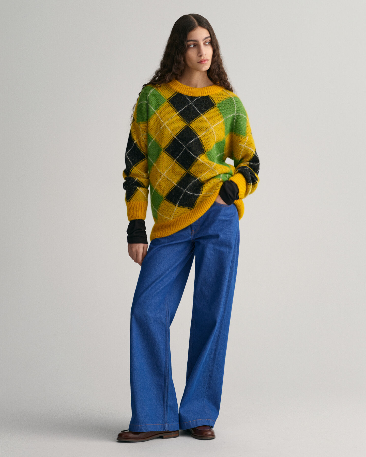 Furry Argyle Crew Neck Sweater