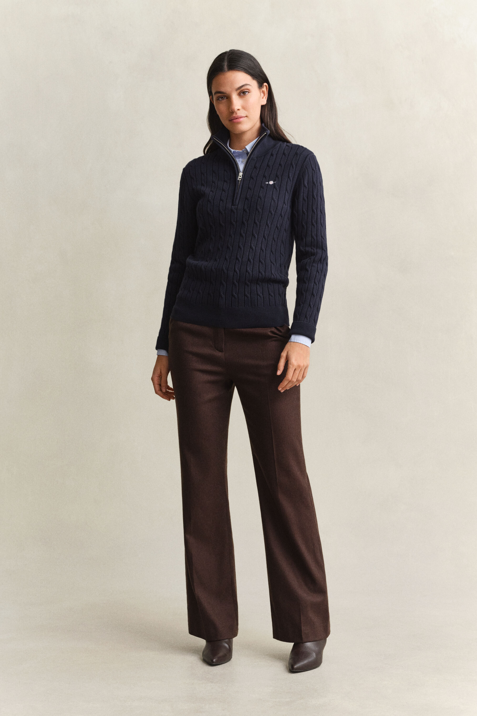 Stretch Cotton Cable Knit Half-Zip Sweater