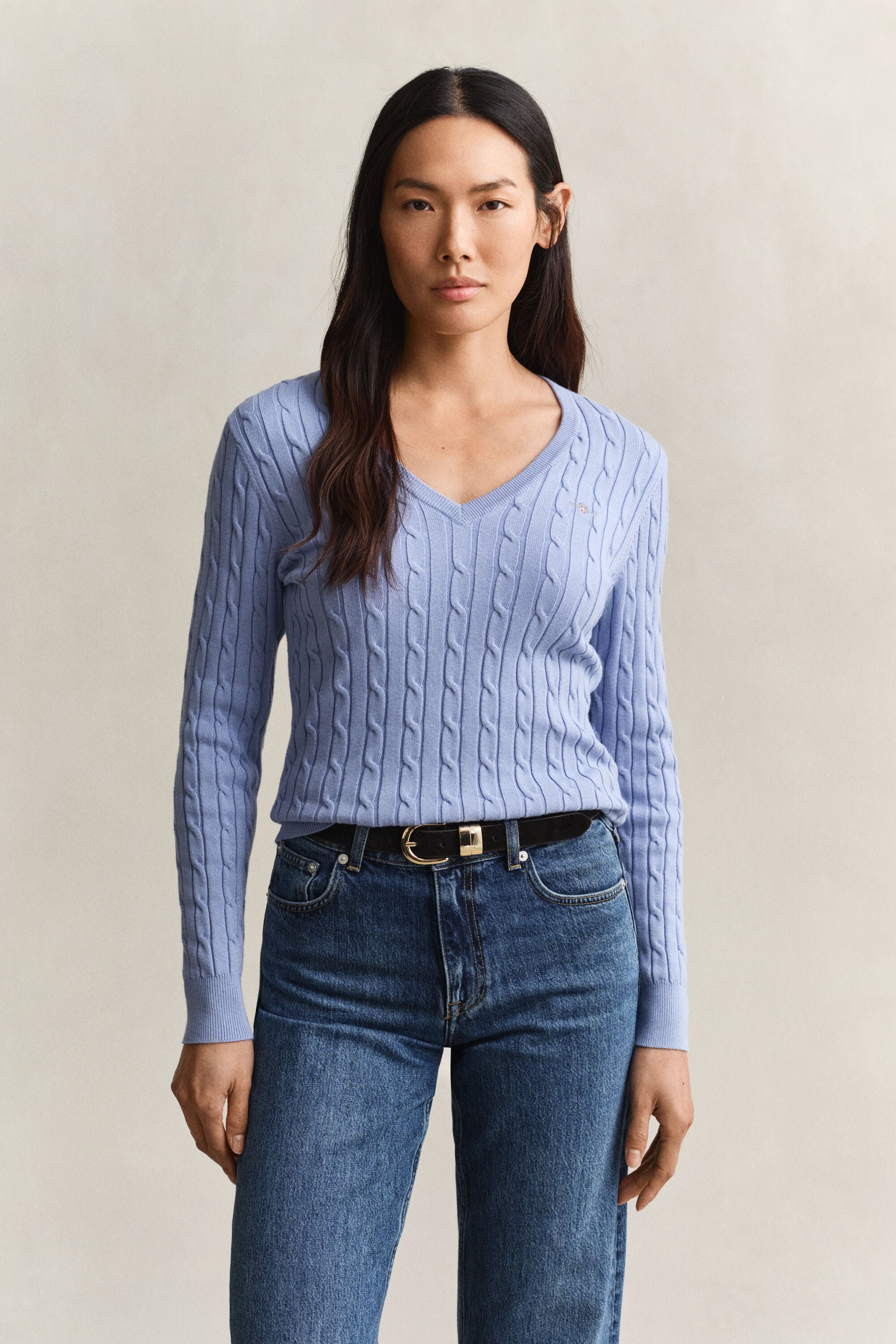 Stretch Cotton Cable Knit V-Neck Sweater