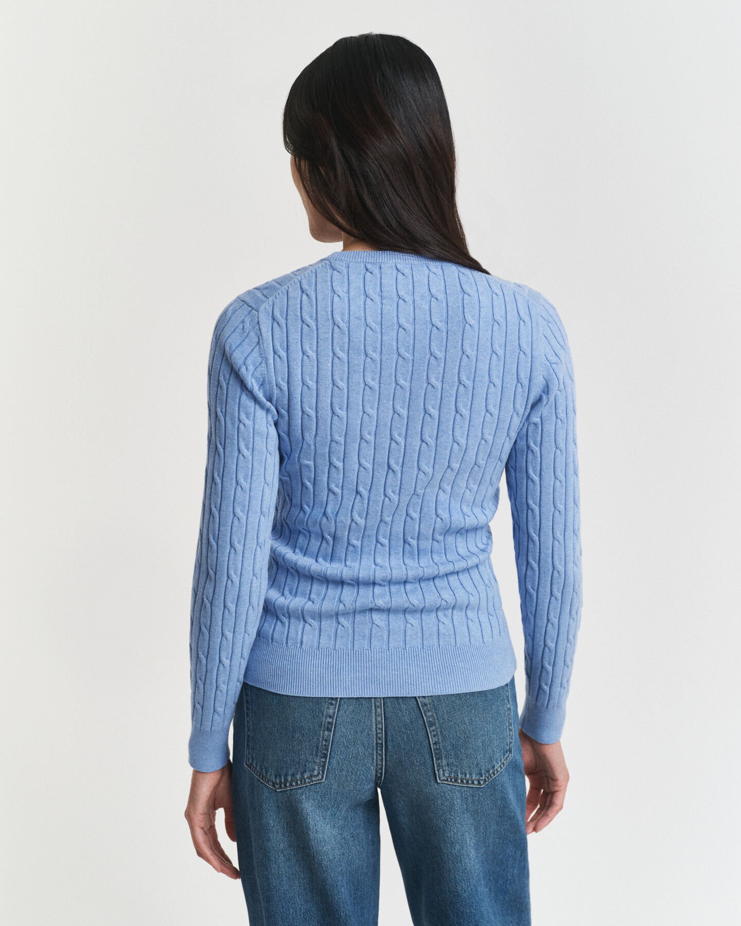 Stretch Cotton Cable Knit Crew Neck Sweater