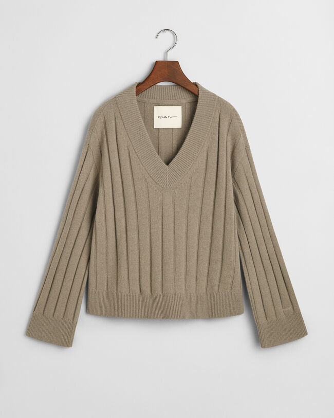 Wide Ribbed Wool V-Neck Sweater