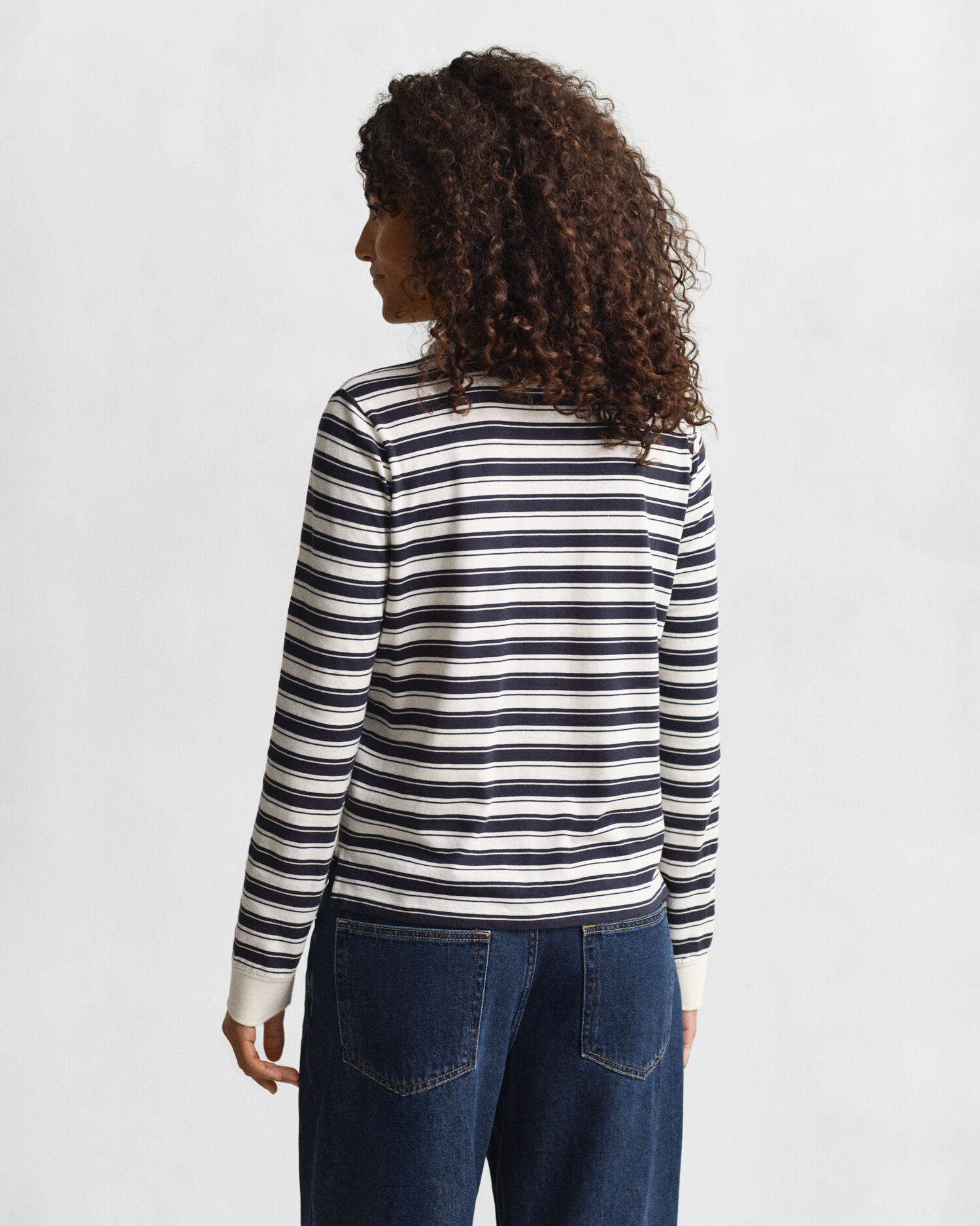 Striped Long Sleeve Polo Shirt — CREAM