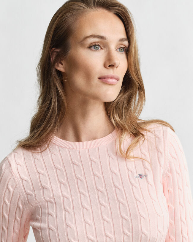 Stretch Cotton Cable Knit Crew Neck Sweater