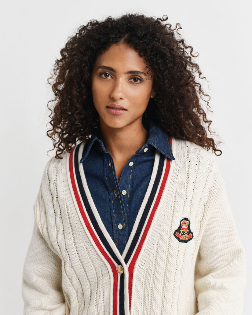 Gant Varsity Cable Knit V-Neck Cardigan