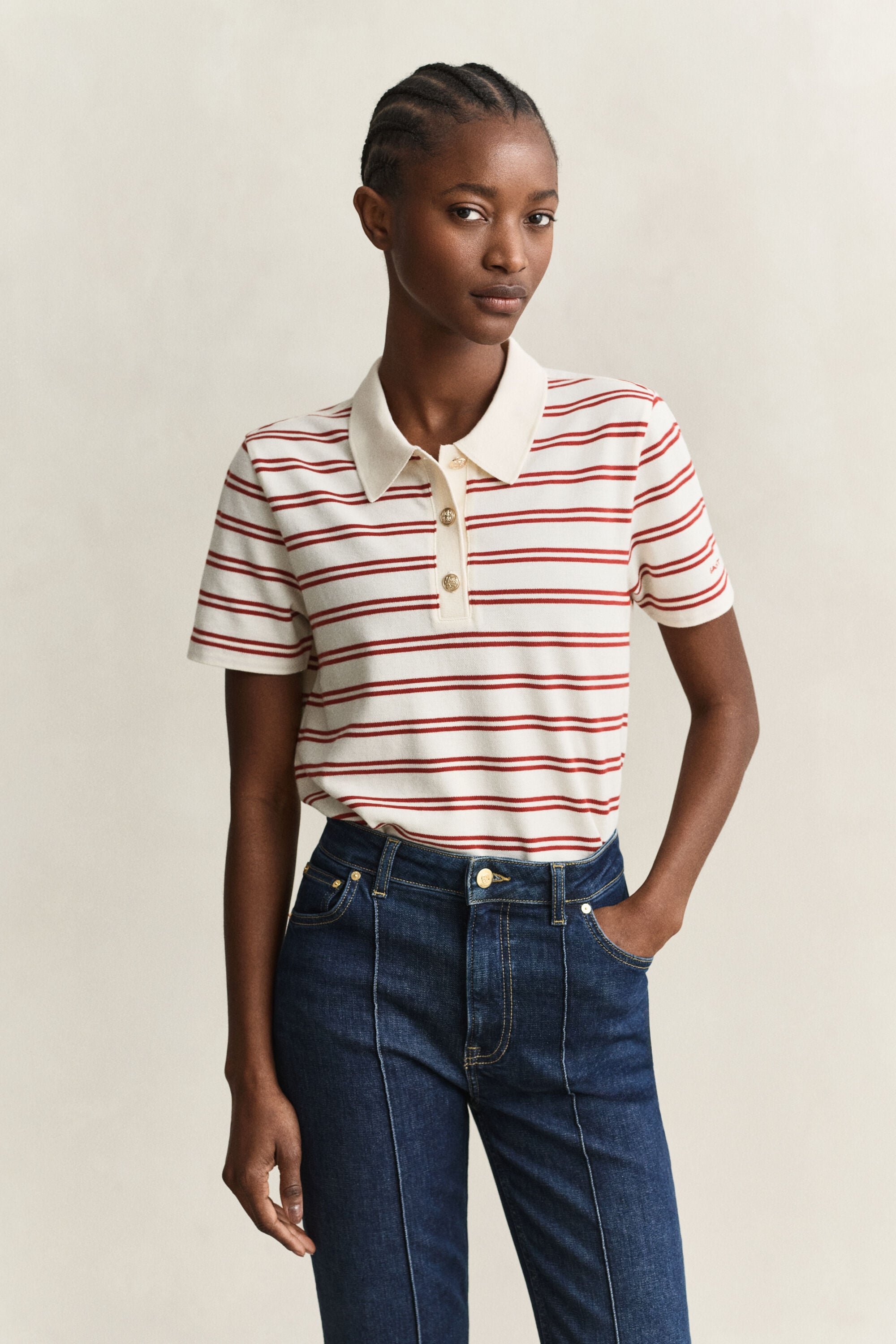 Striped Piqué Polo Top