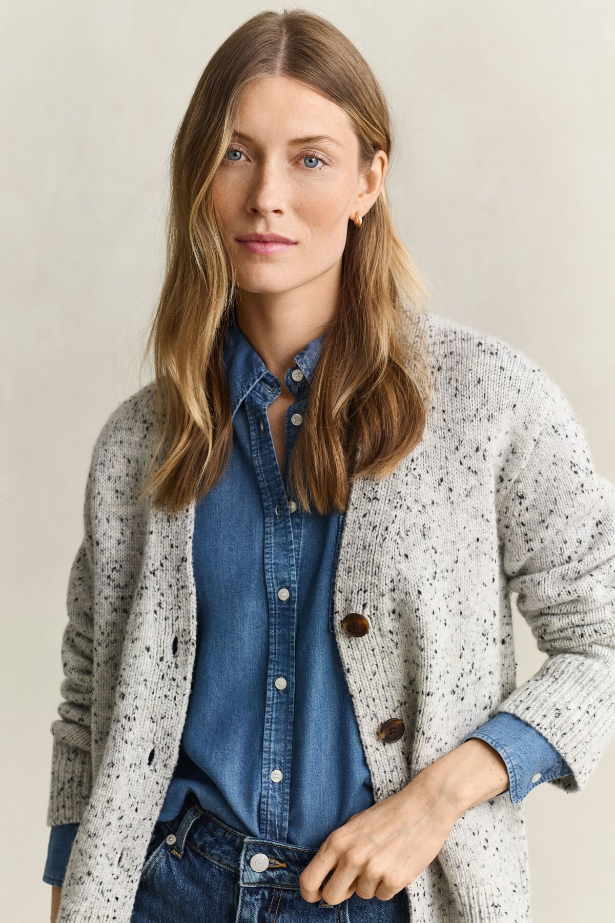 Wool Blend Nepps Cardigan — CREAM