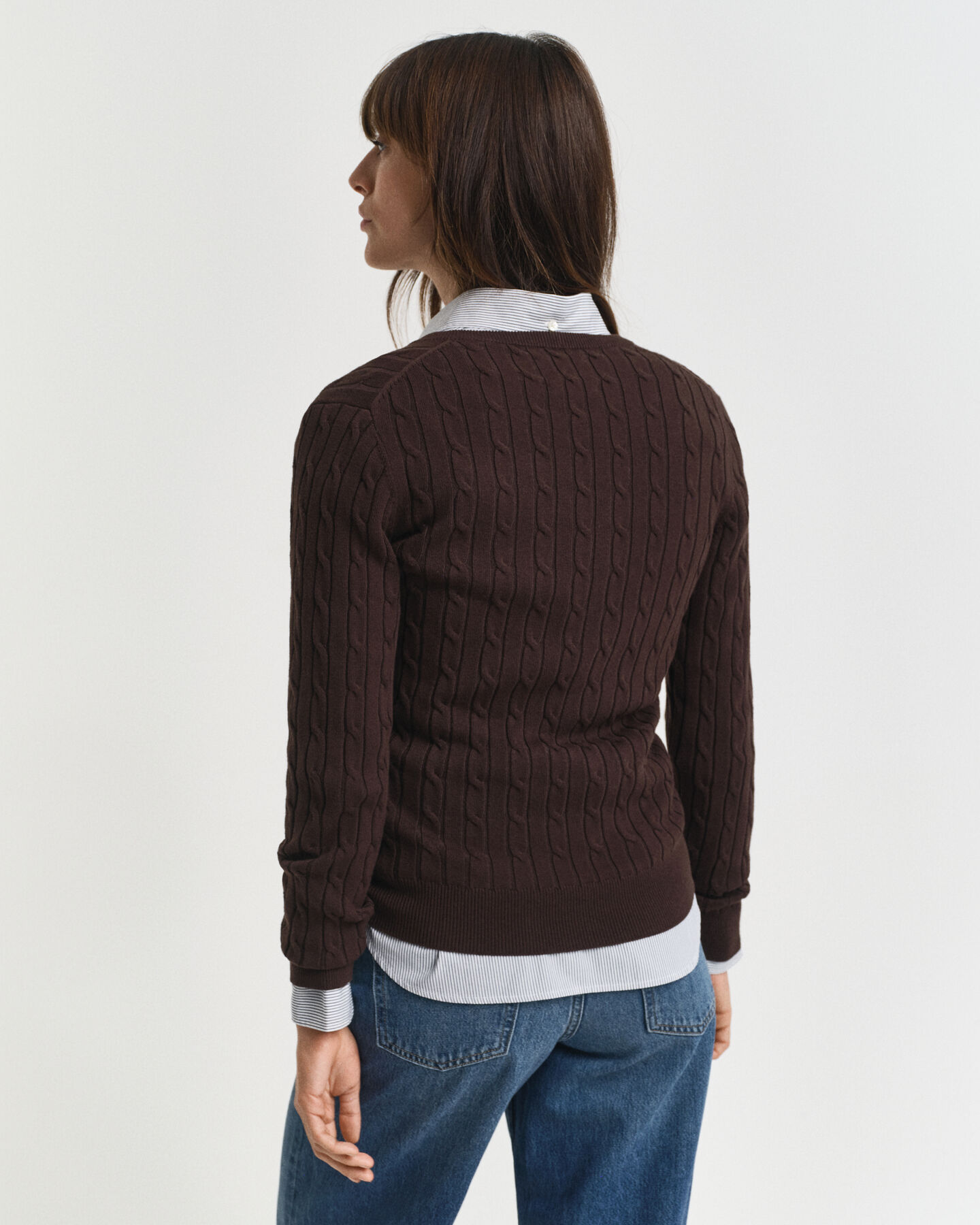 Stretch Cotton Cable Knit V-Neck Sweater