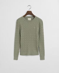 Stretch Cotton Cable Knit Crew Neck Sweater