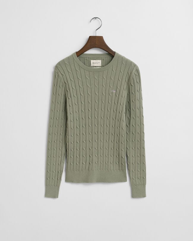 Stretch Cotton Cable Knit Crew Neck Sweater