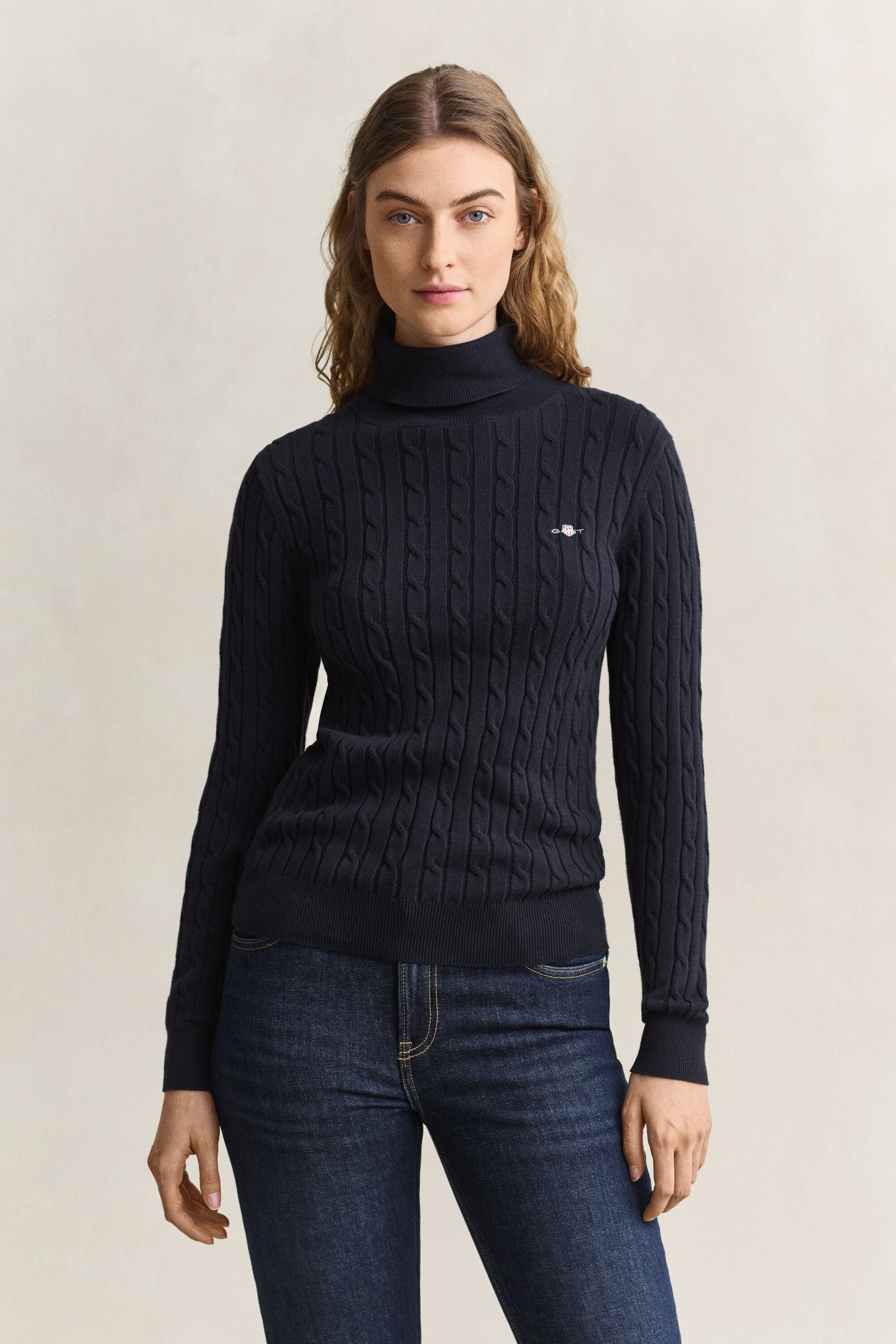 Stretch Cotton Cable Knit Turtleneck Sweater