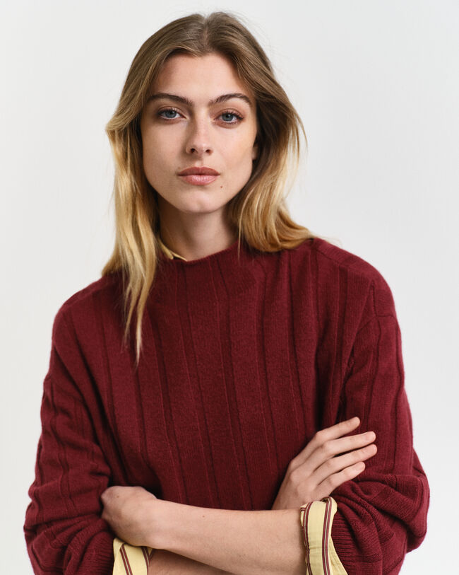 Wide Ribbed Wool Stand Collar Sweater