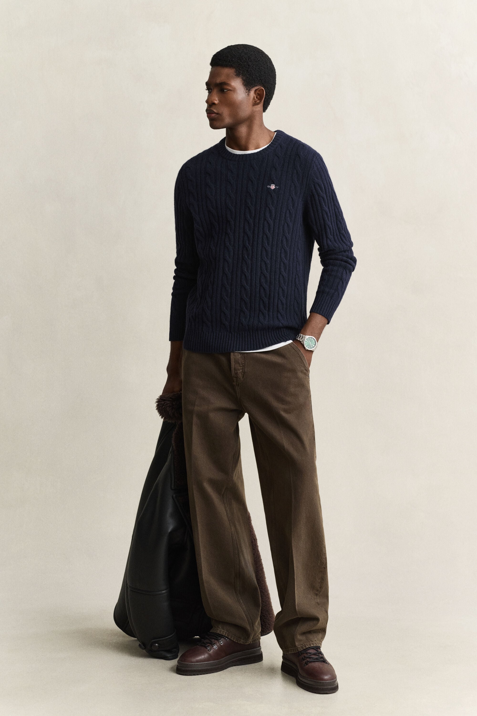 Lambswool Cable Knit Crew Neck Sweater — EVENING BLUE