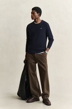 Lambswool Cable Knit Crew Neck Sweater — EVENING BLUE 5