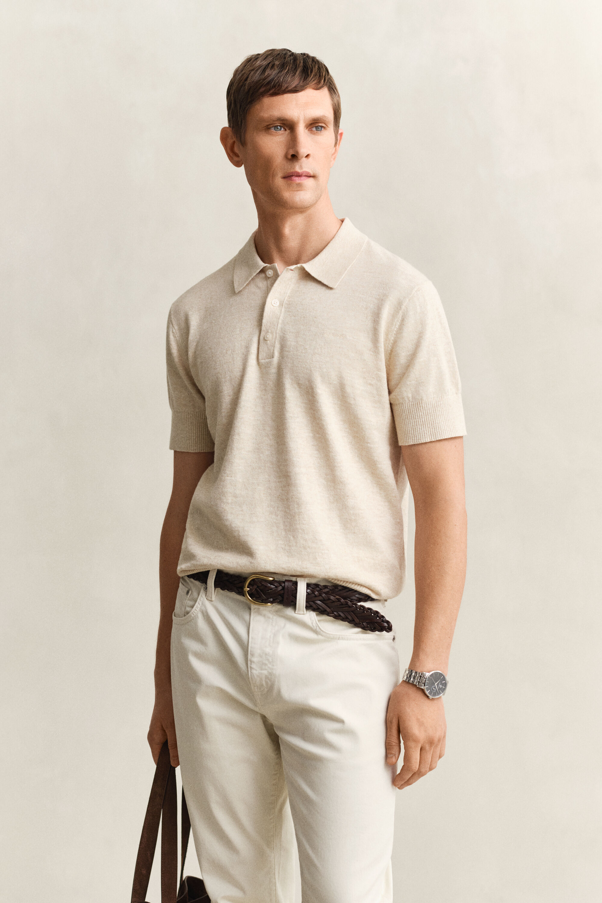 Slub Cotton Blend Short Sleeve Polo Sweater