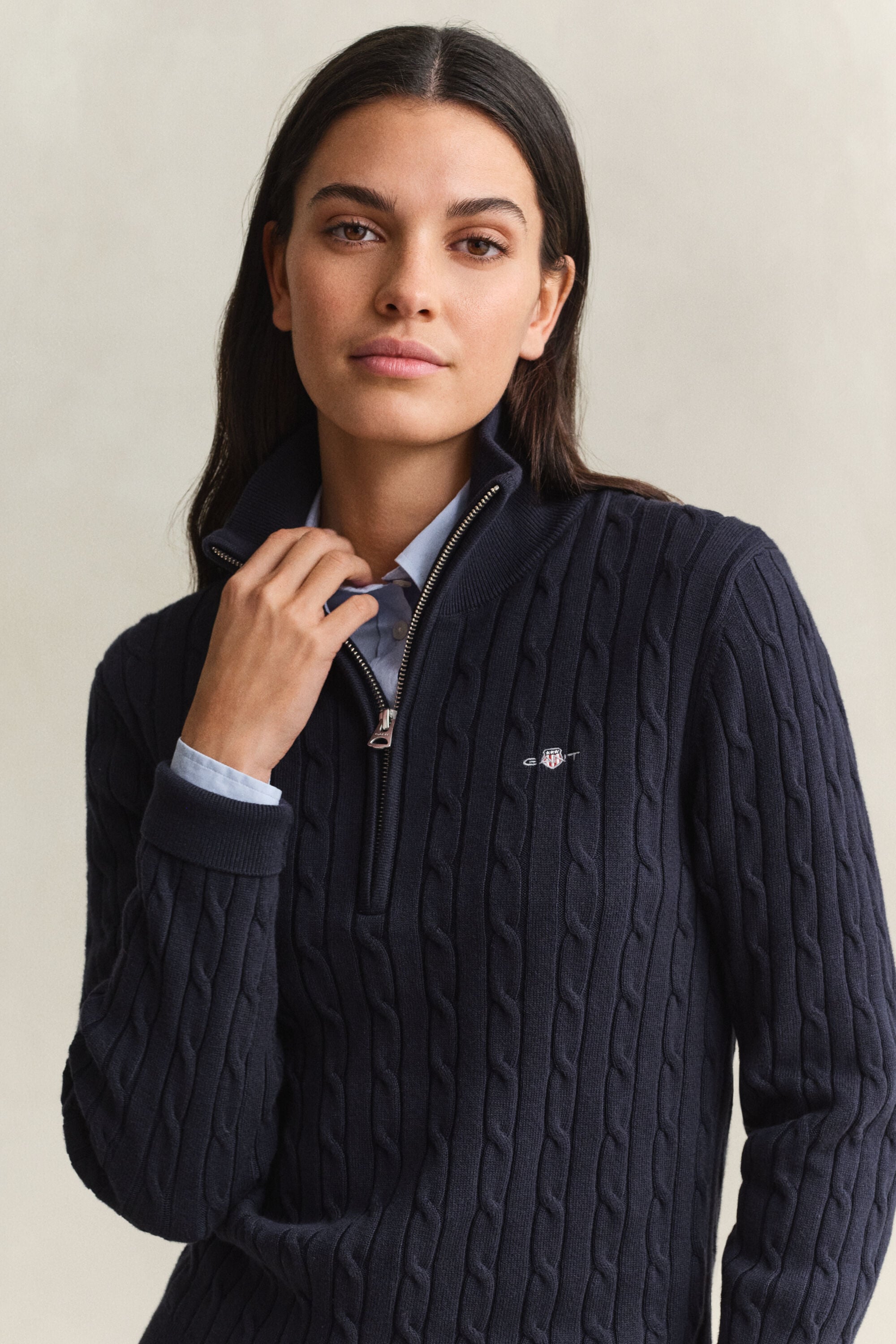 Stretch Cable Knit Half-Zip Sweater