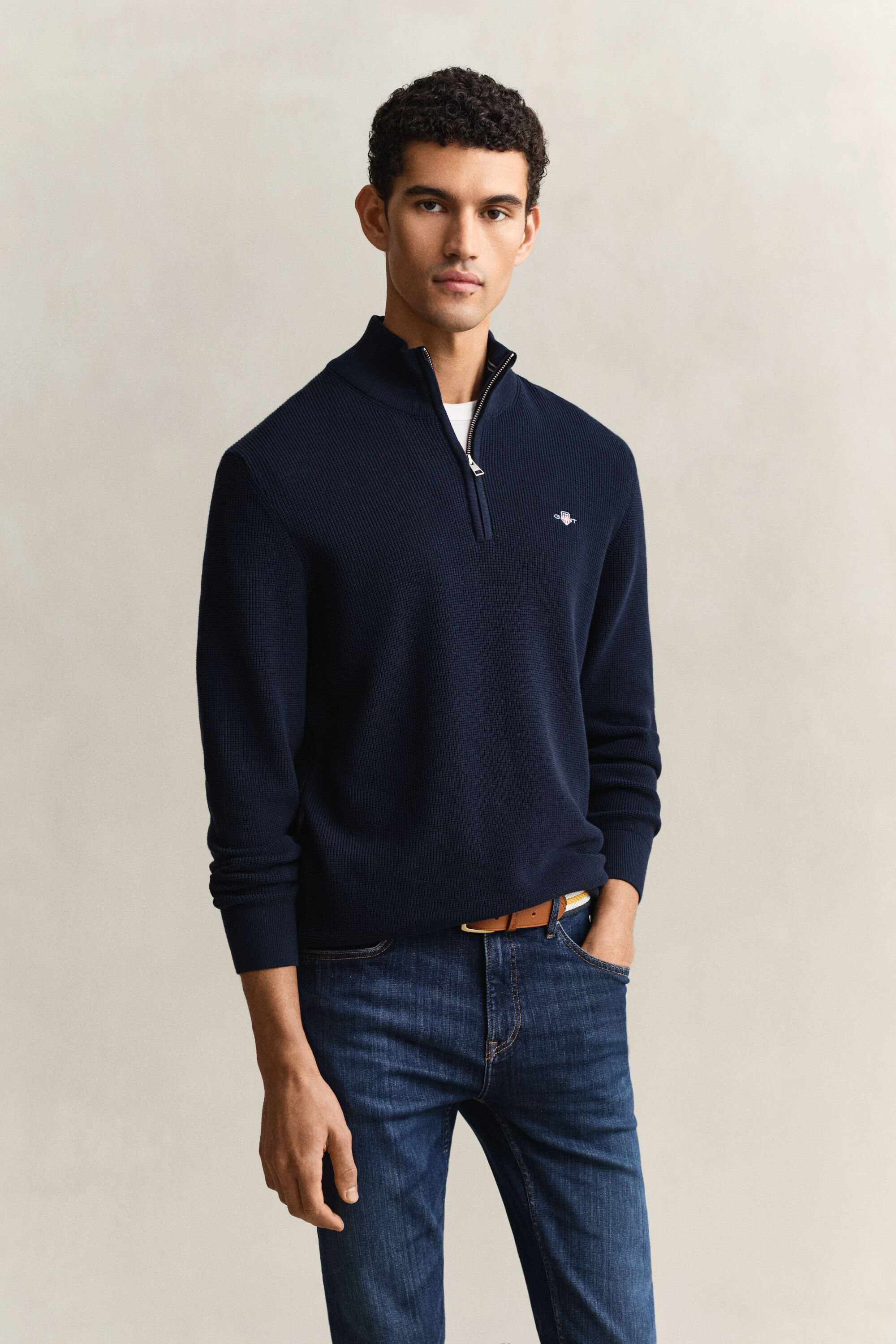 Textured Cotton Half-Zip Sweater