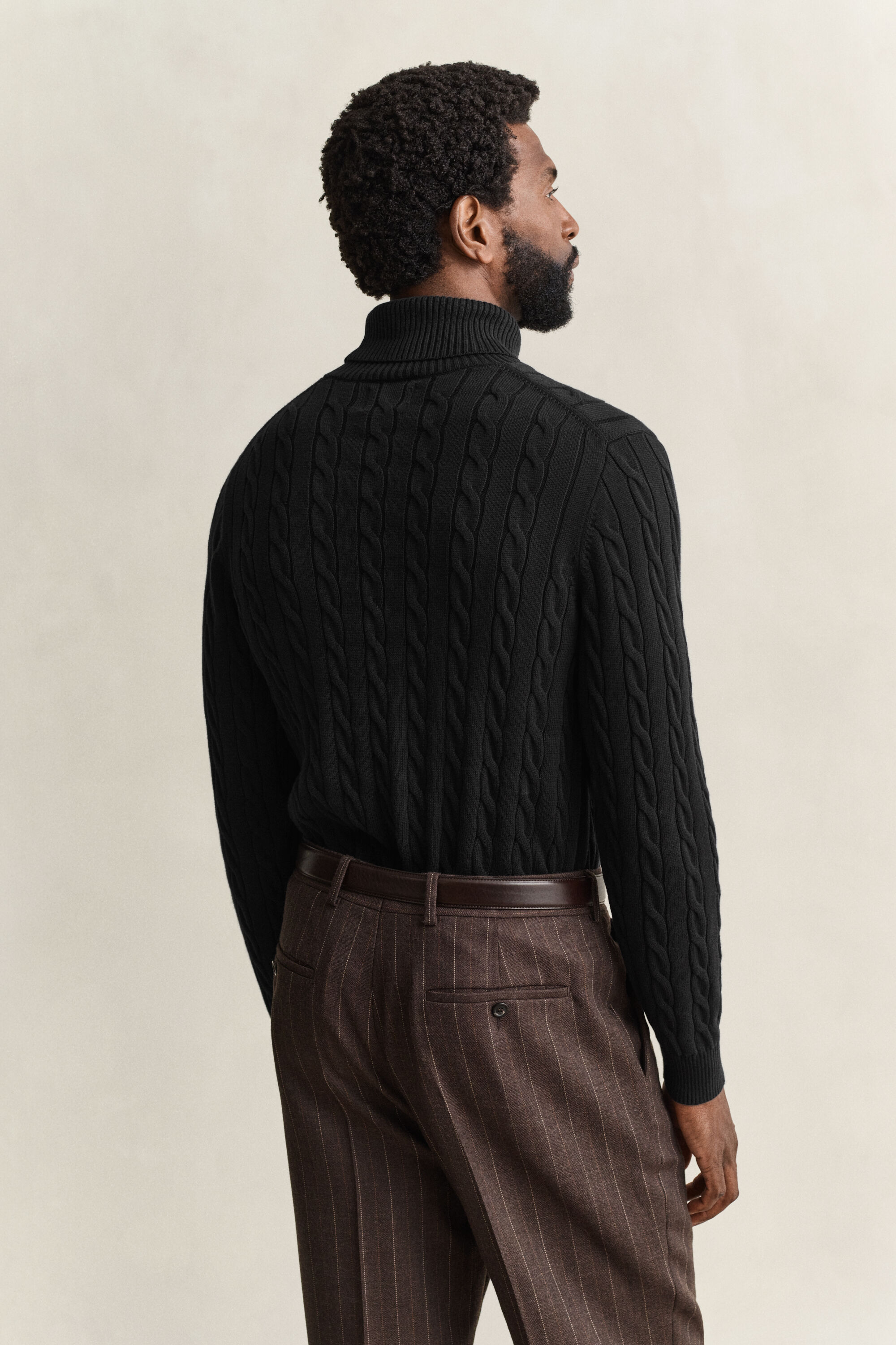 Cotton Cable Knit Turtleneck Sweater — BLACK