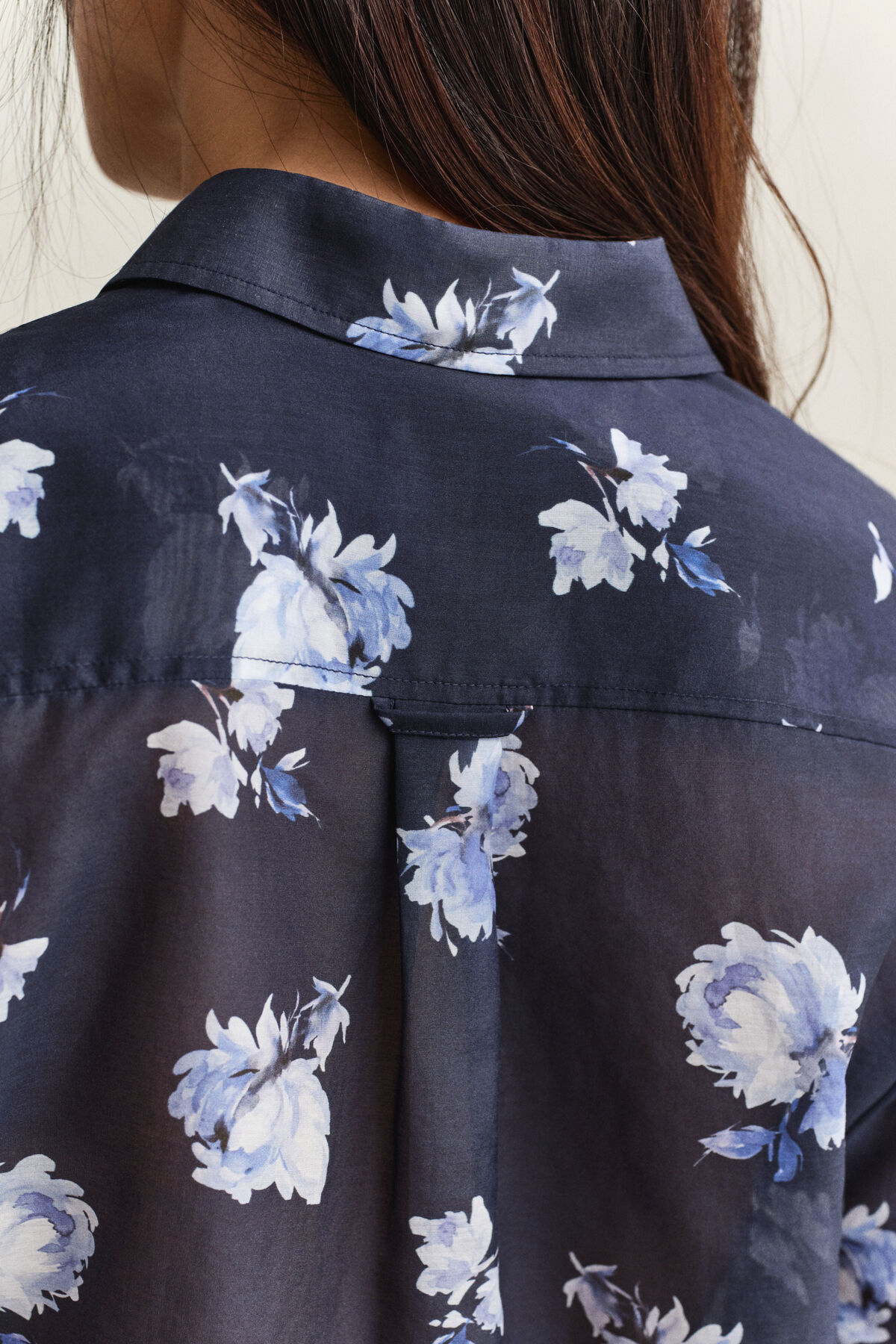 Floral Print Cotton Silk Shirt — EVENING BLUE