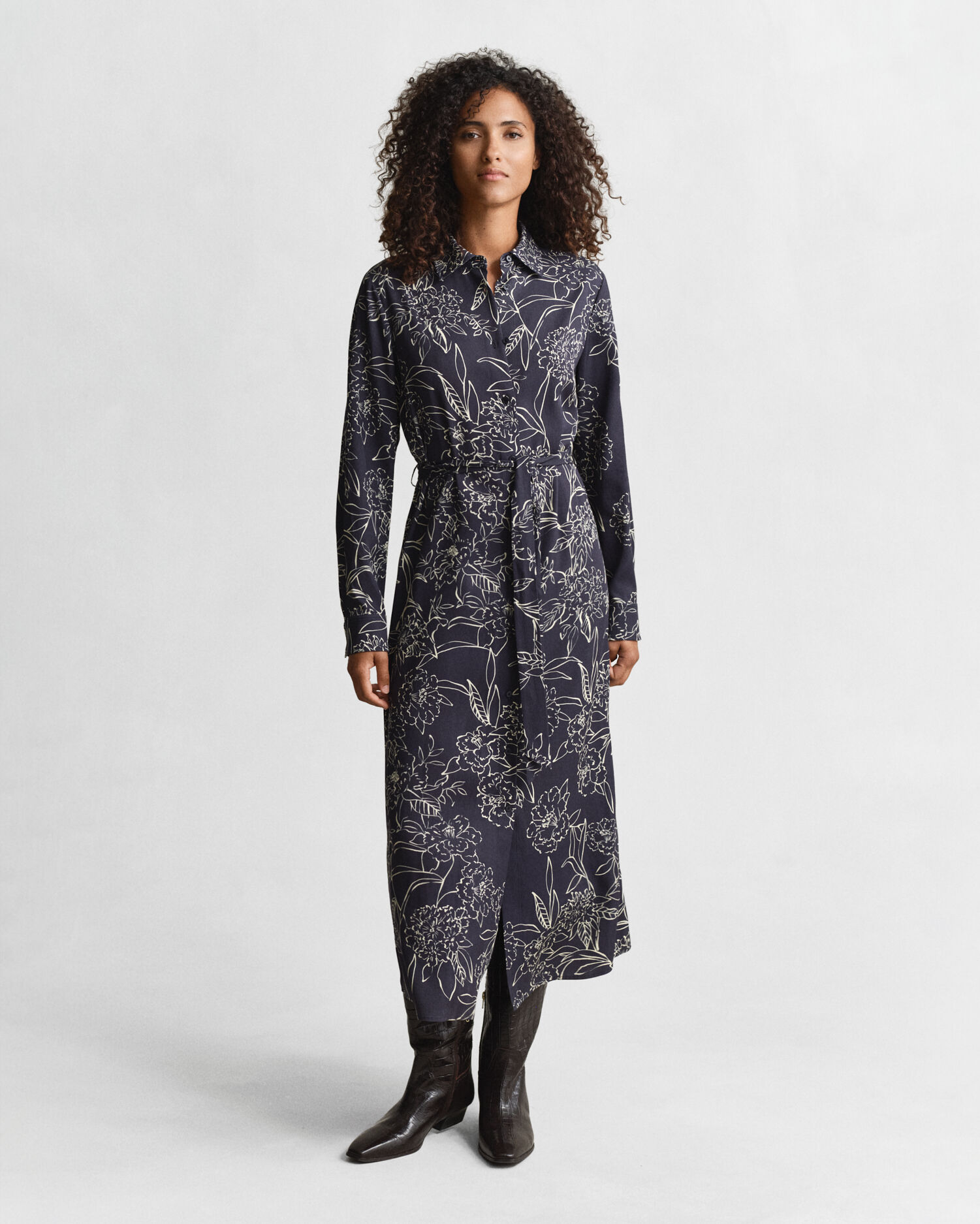 Floral Print Shirt Dress — EVENING BLUE