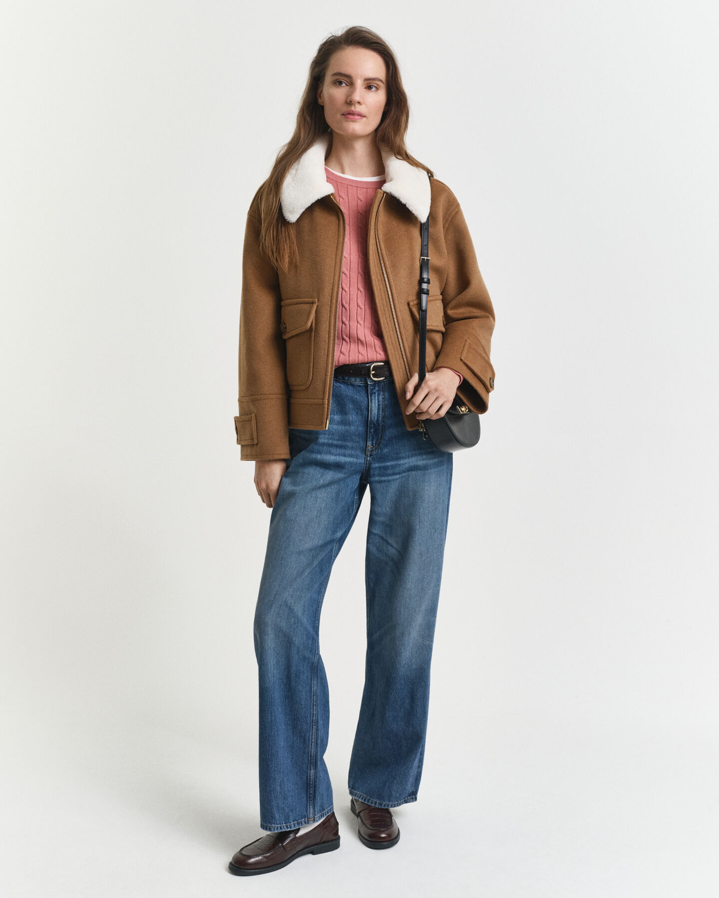 Stretch Cotton Cable Knit Crew Neck Sweater