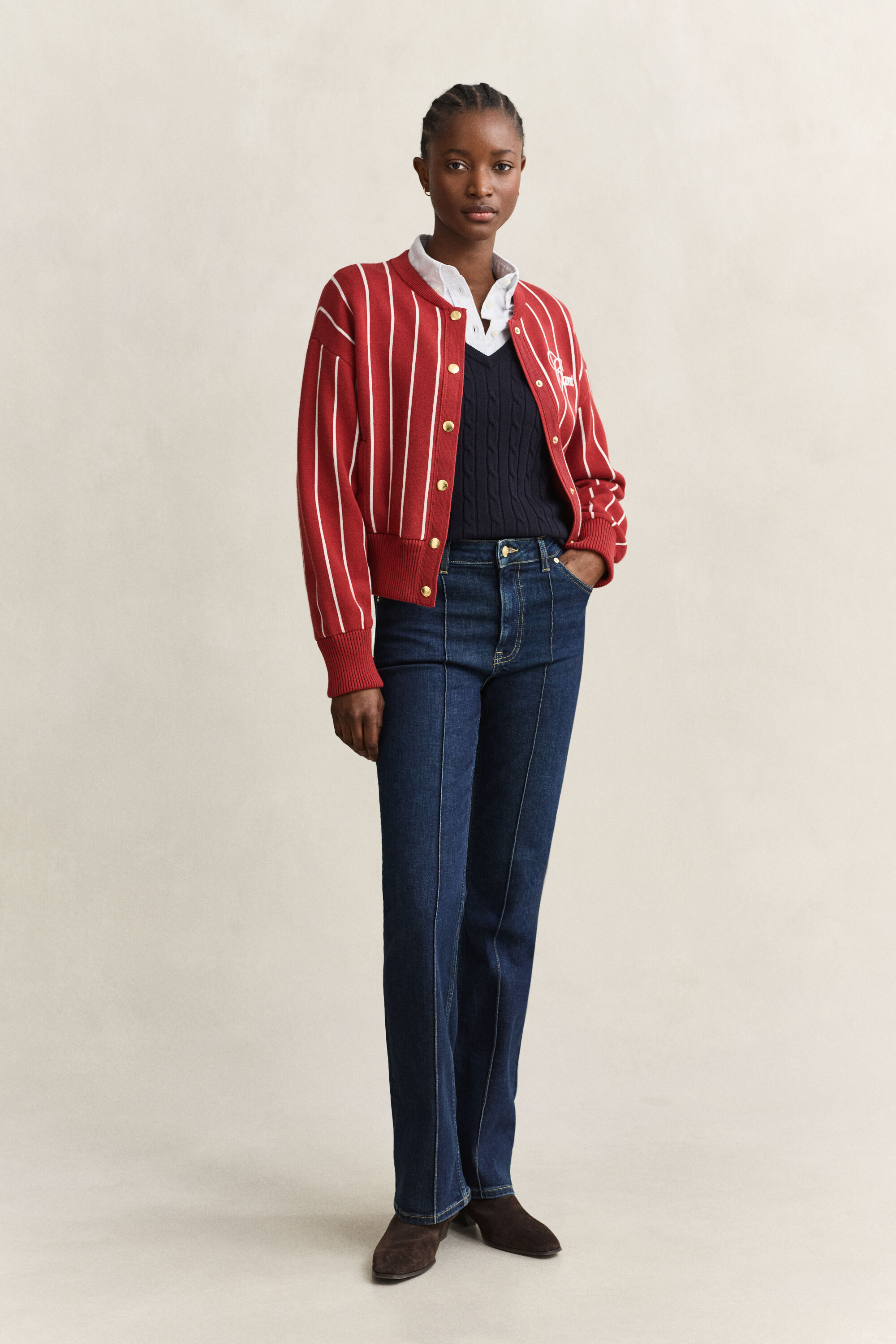 Stretch Cotton Cable Knit V-Neck Sweater