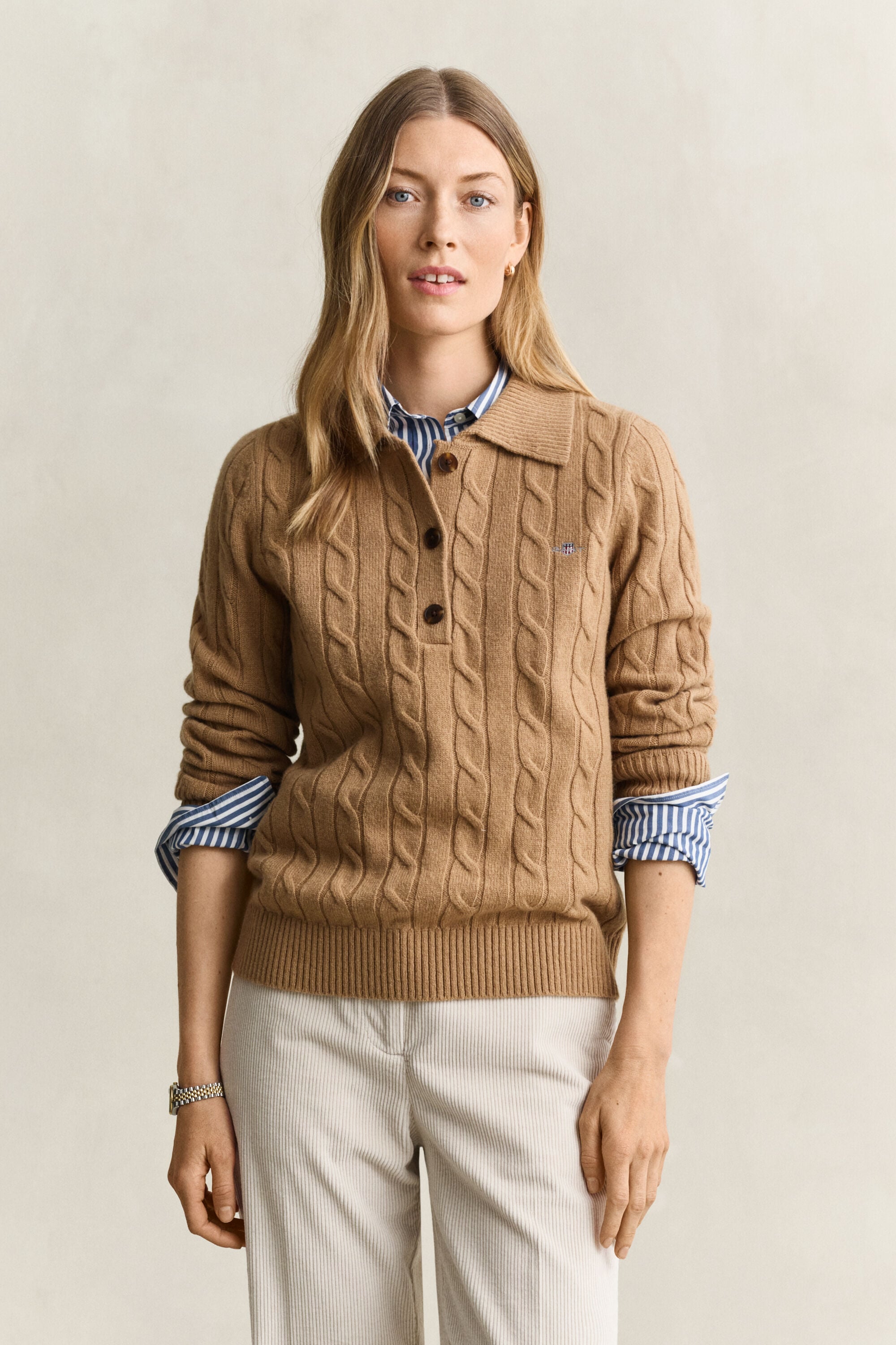 Lambswool Cable Knit Rugger — WARM KHAKI